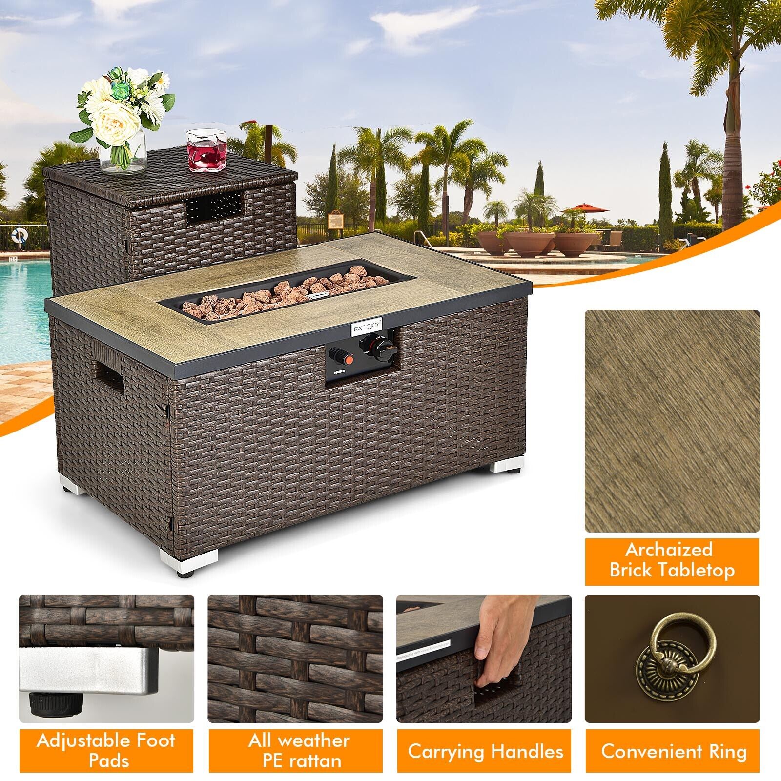 Great Choice Products 8Pcs Patio Rattan Furniture Set Fire Pit Table Tank Holder Cover Deck Off White