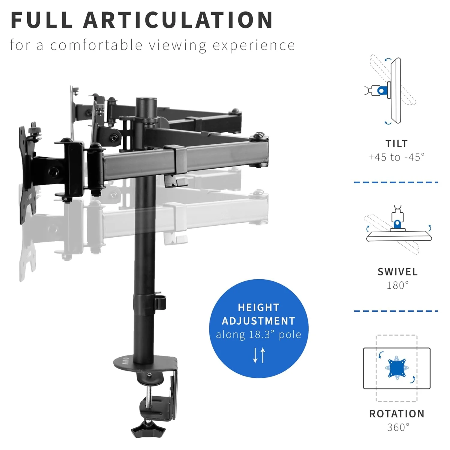 Zell Electronics Zell Triple Monitor Adjustable Desk Mount, Articulating Tri Stand, Holds 3 Screens Up To 24 Inches, Black,