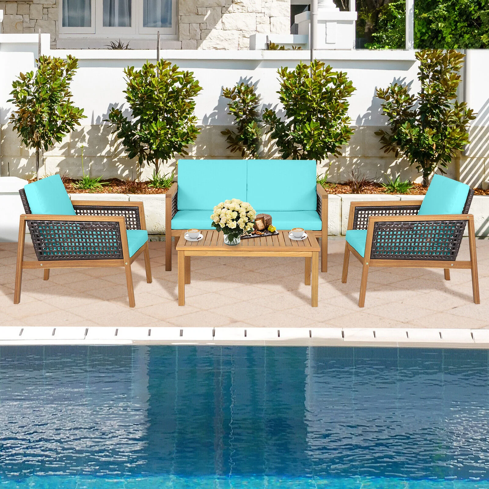 Great Choice Products 8Pcs Patio Rattan Furniture Set Acacia Wood Cushioned Sofa Turquoise