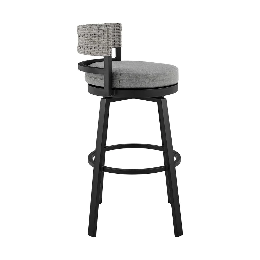 Armen Living Encinitas Outdoor Patio Swivel Bar Stool in Aluminum and Wicker with Grey Cushions