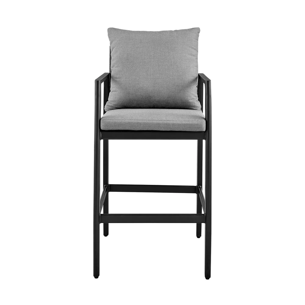 Armen Living Grand Outdoor Patio Counter Height Bar Stool in Aluminum with Grey Cushions