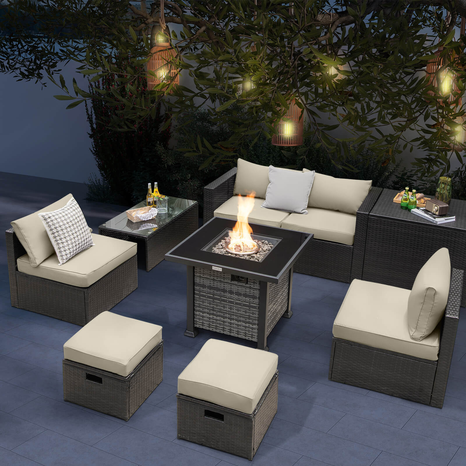 Great Choice Products 9 Pieces Patio Furniture Set With 50,000 Btu Propane Fire Pit Table Off White