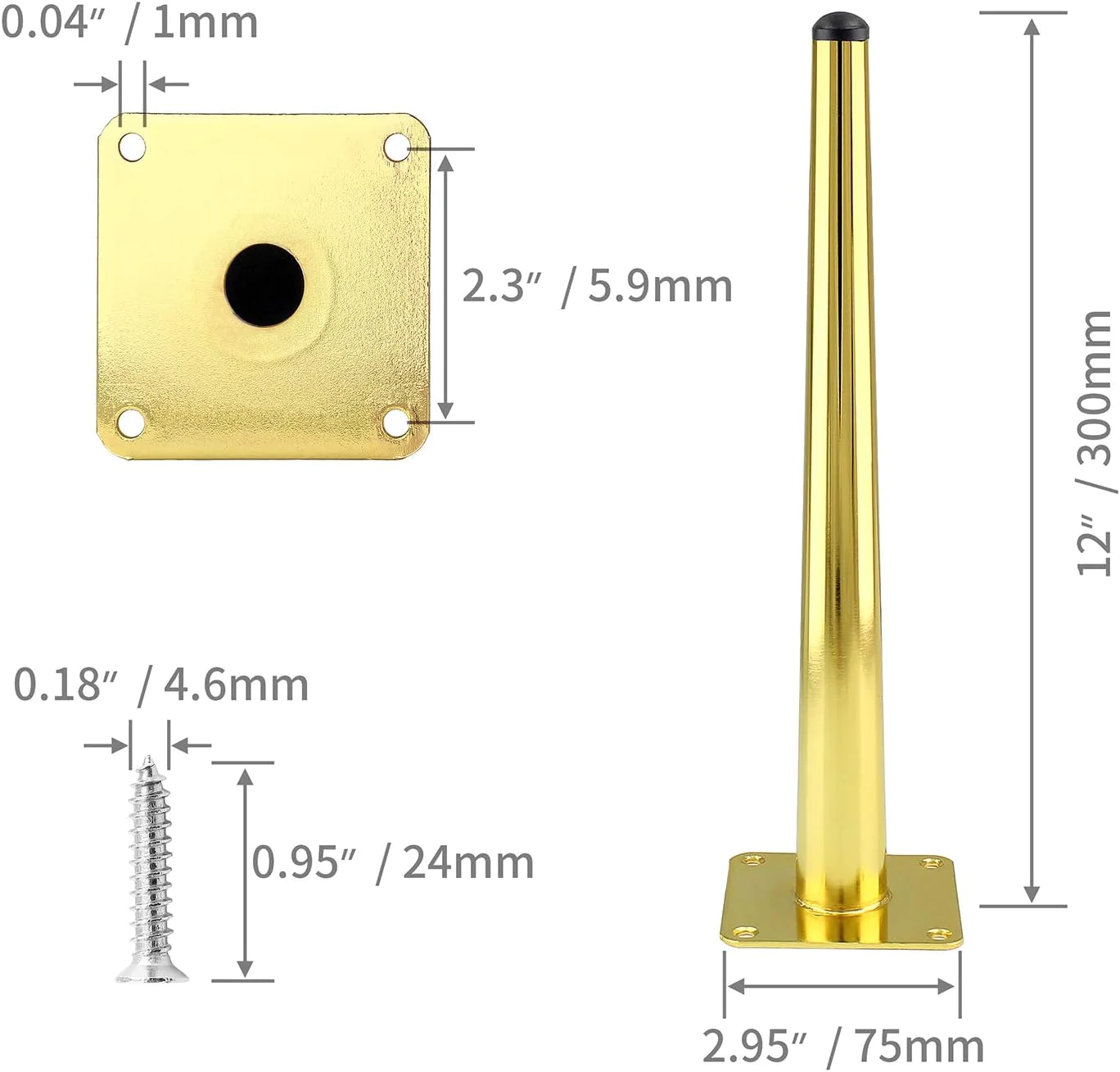 Seimneire 4pcs 12 Inch Furniture Legs, Straight Conical Metal Legs Luxury Gold Mid-Century Style Furniture Feet for Sofa Cabinet Table Ch