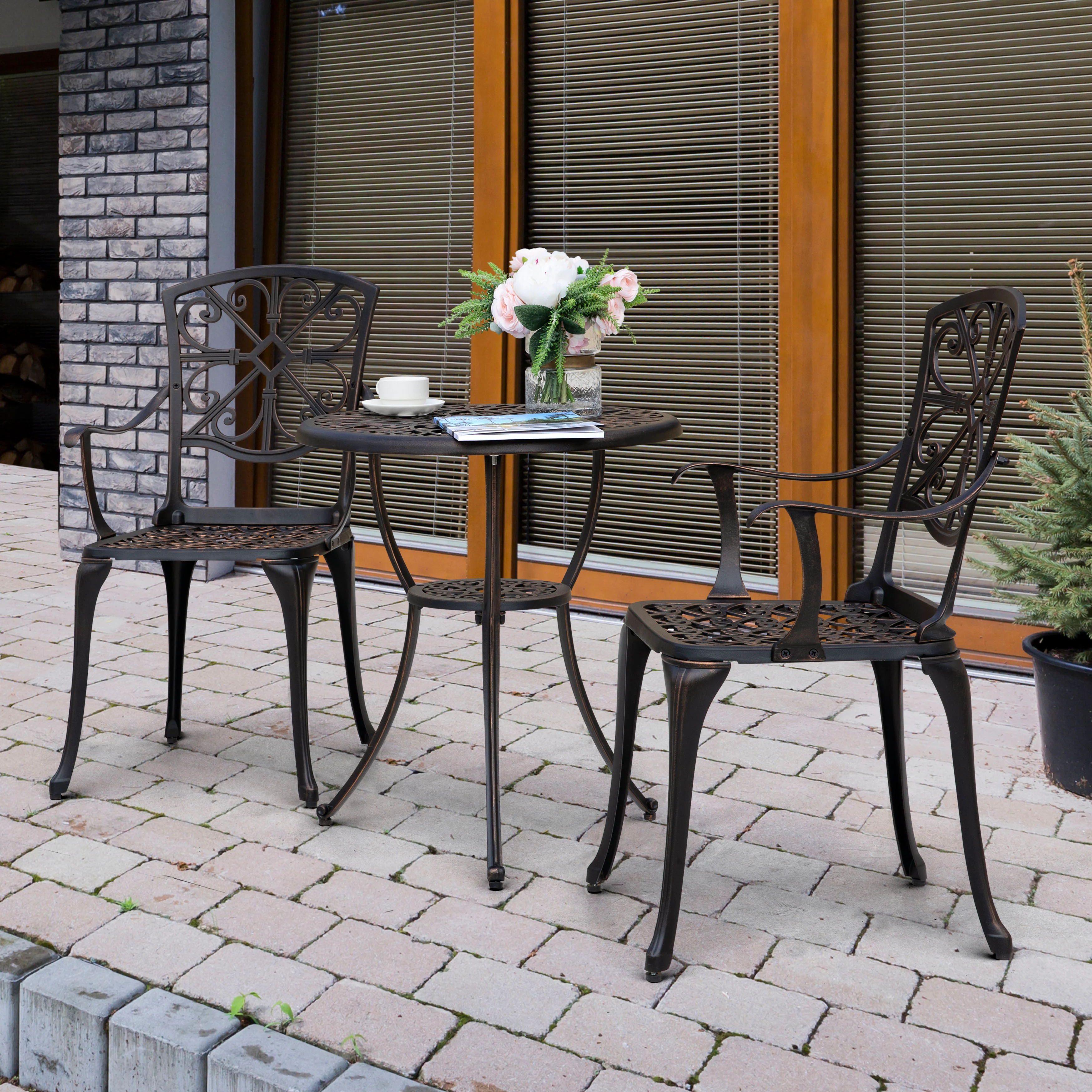 Nuu Garden 3-Piece Outdoor Bistro Set, Round 24 Inch Cast Aluminum Table with Umbrella Hole and 2 Cast Aluminum Armchairs