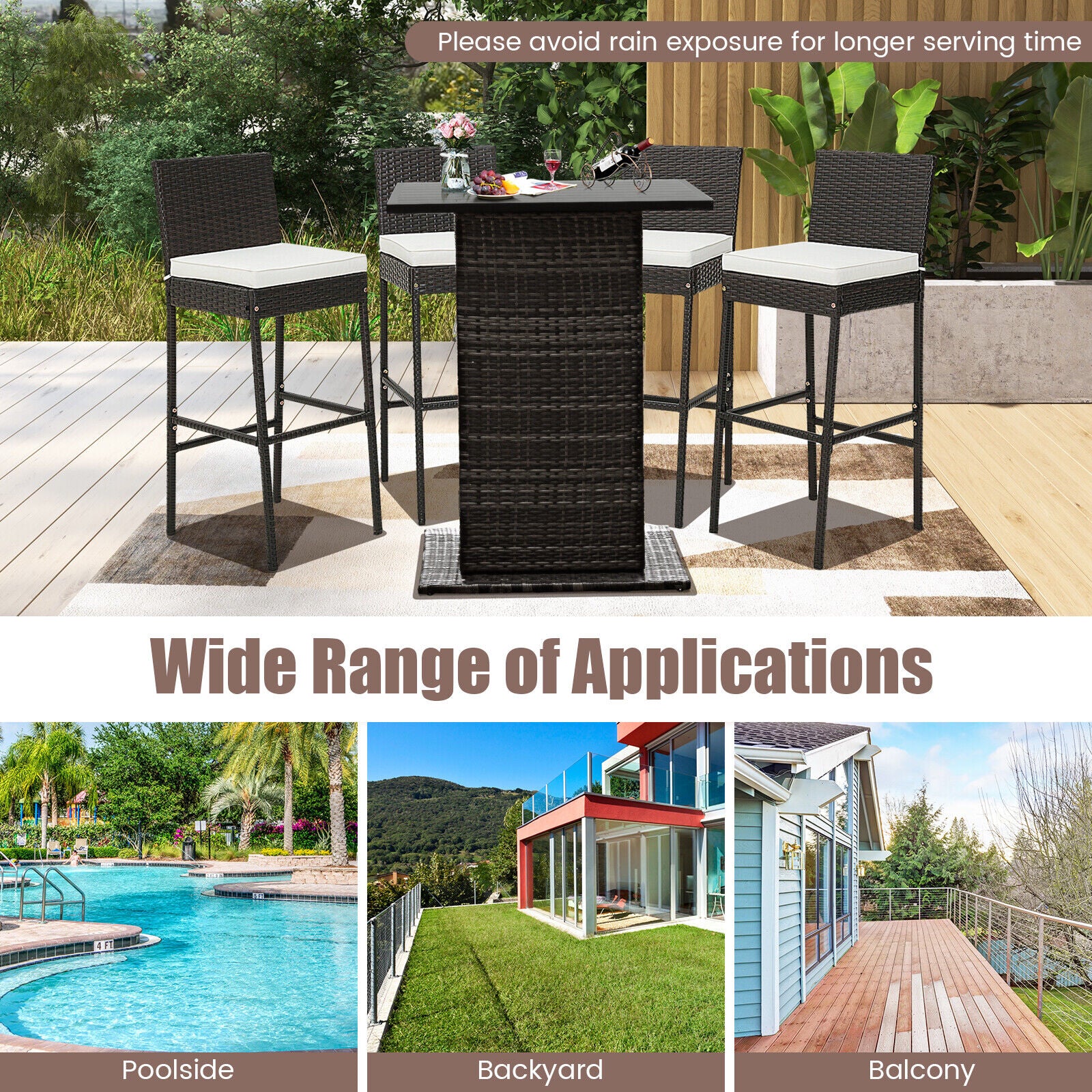 Great Choice Products 4 Pcs Patio Wicker Barstools Bar Height Chairs W/ Cushions Backyard Off White
