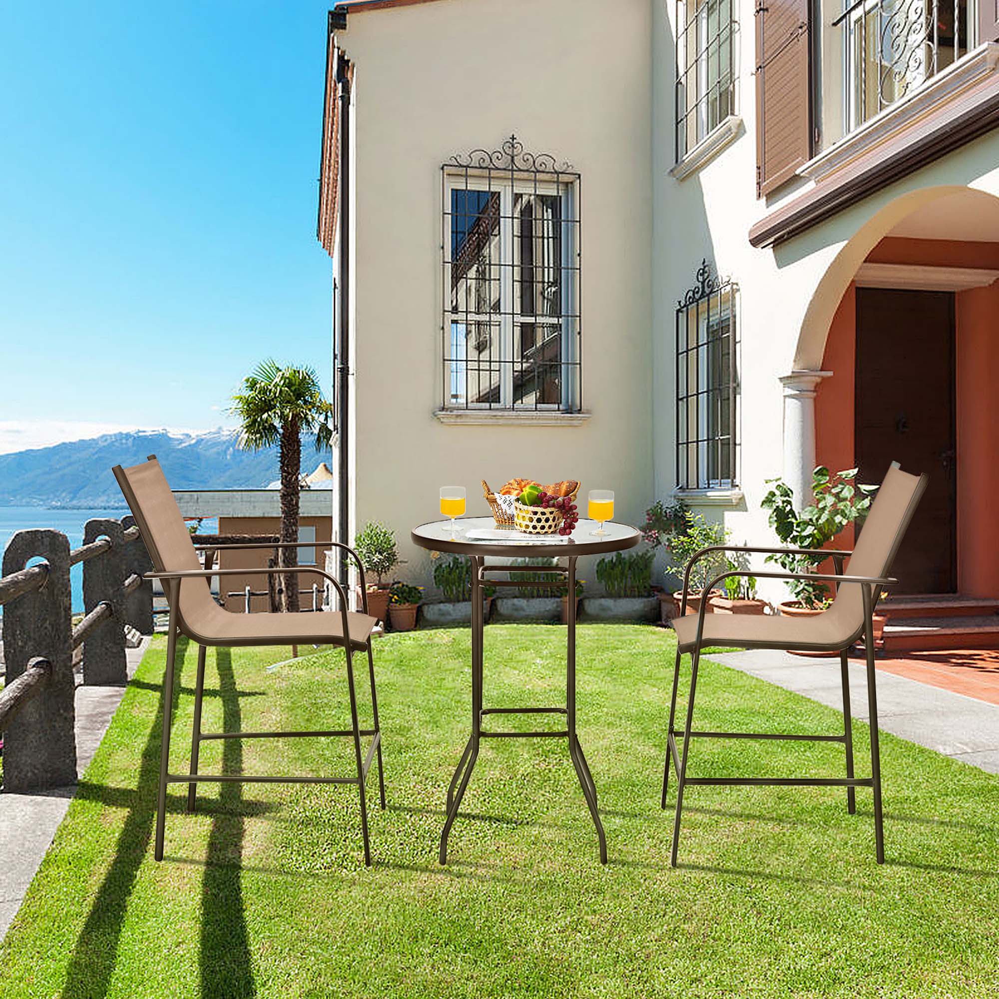 Costway 3 PCS Outdoor Patio Bar Table Stool Set Height Tempered Glass Top