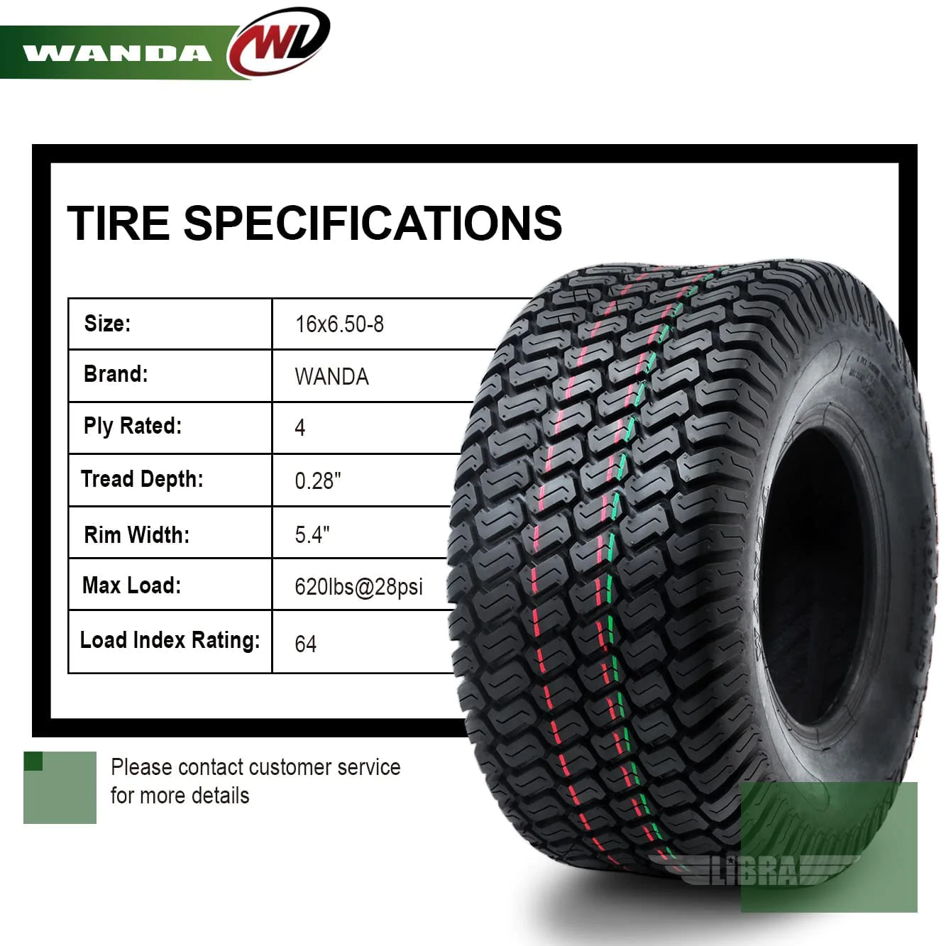 Wanda Set 2 WANDA 16x6.50-8 Lawn Mower Tractor Cart Turf Tires 16x6.5x8 P332-13019