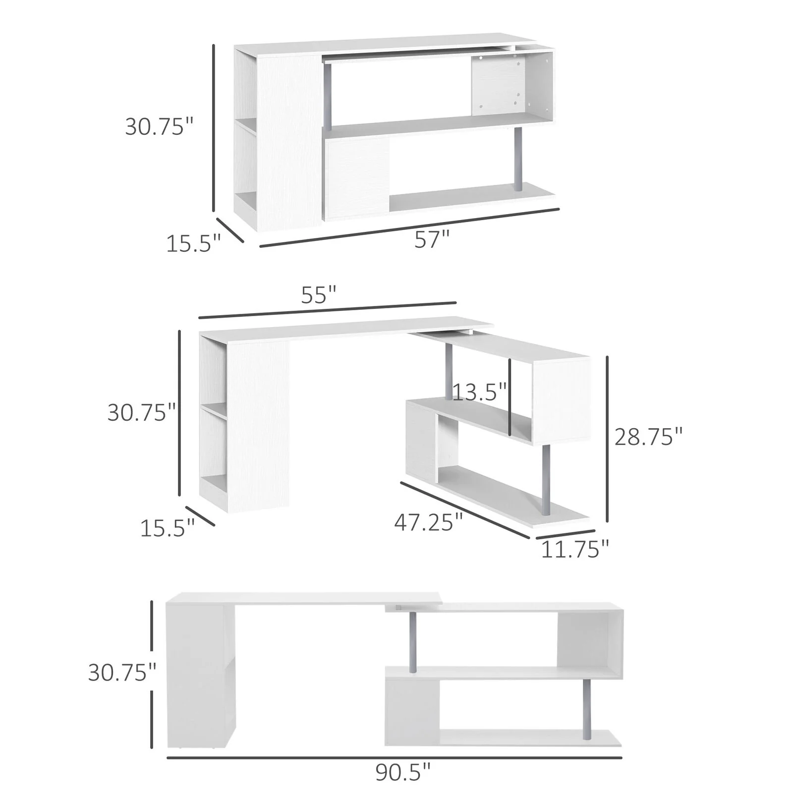 GCP Products Rotating Corner Table Shelf Combo L-Shaped I-Shape Computer Home Office, White
