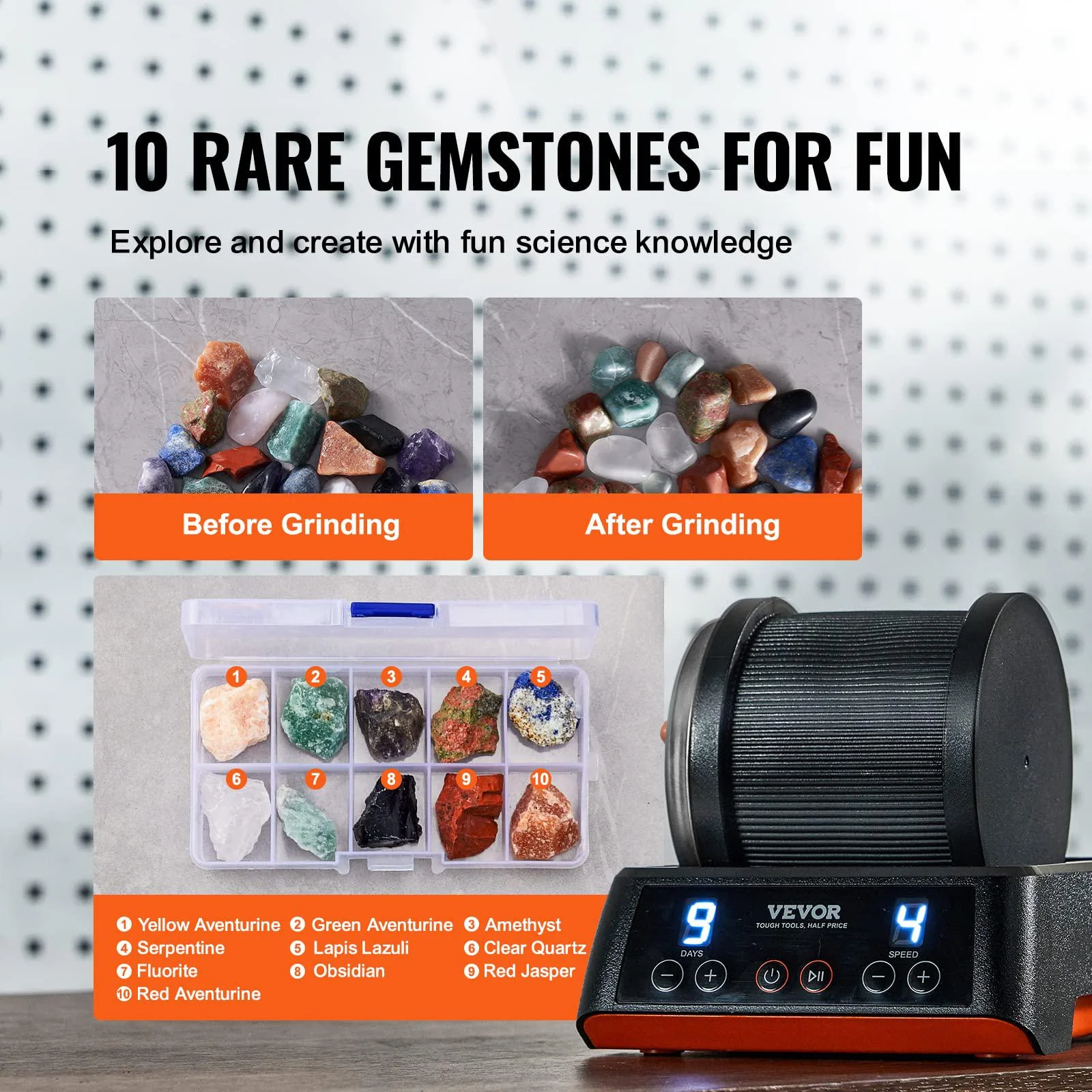 vevor direct drive rock tumbler kit, 4-speed/9-day timer, professional rock polisher with rough gemstones/grits/jewelry faste