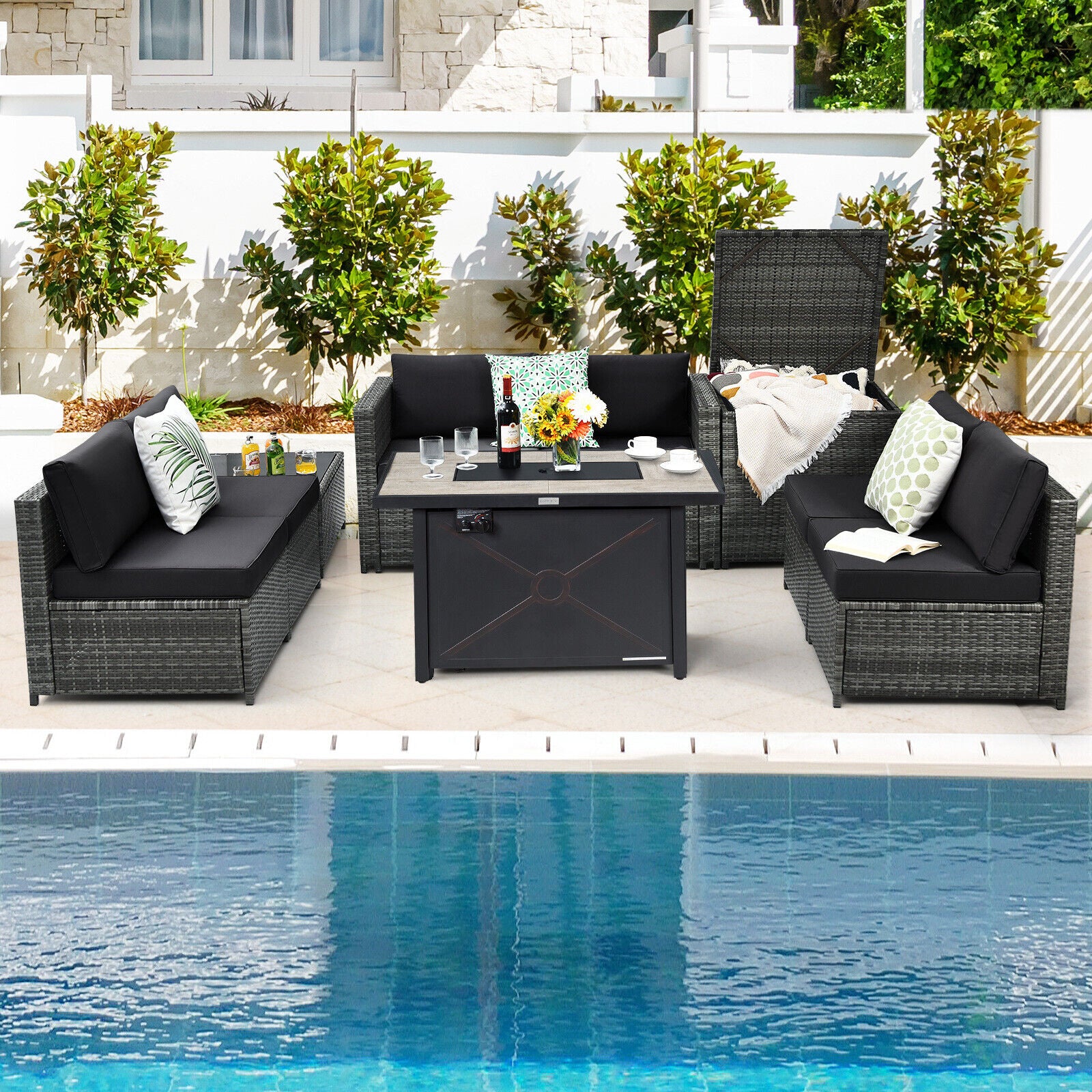 Great Choice Products 9 Pcs Patio Rattan Furniture Set Fire Pit Table Storage Black W/Cover