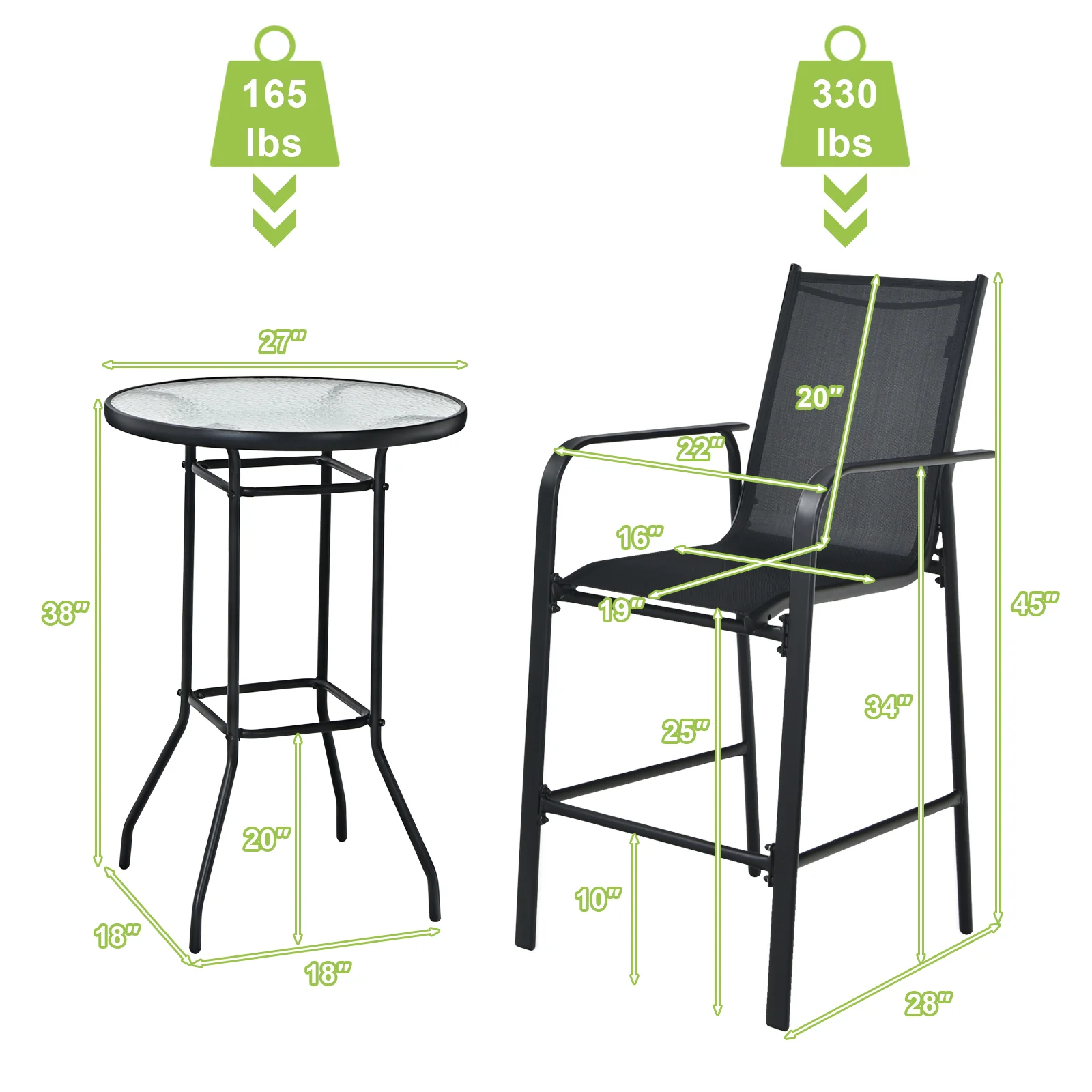 Topbuy Patiojoy 3 PCS Patio Bistro Set Outdoor Table &a; Chairs Set w/Tempered Glass Top Black