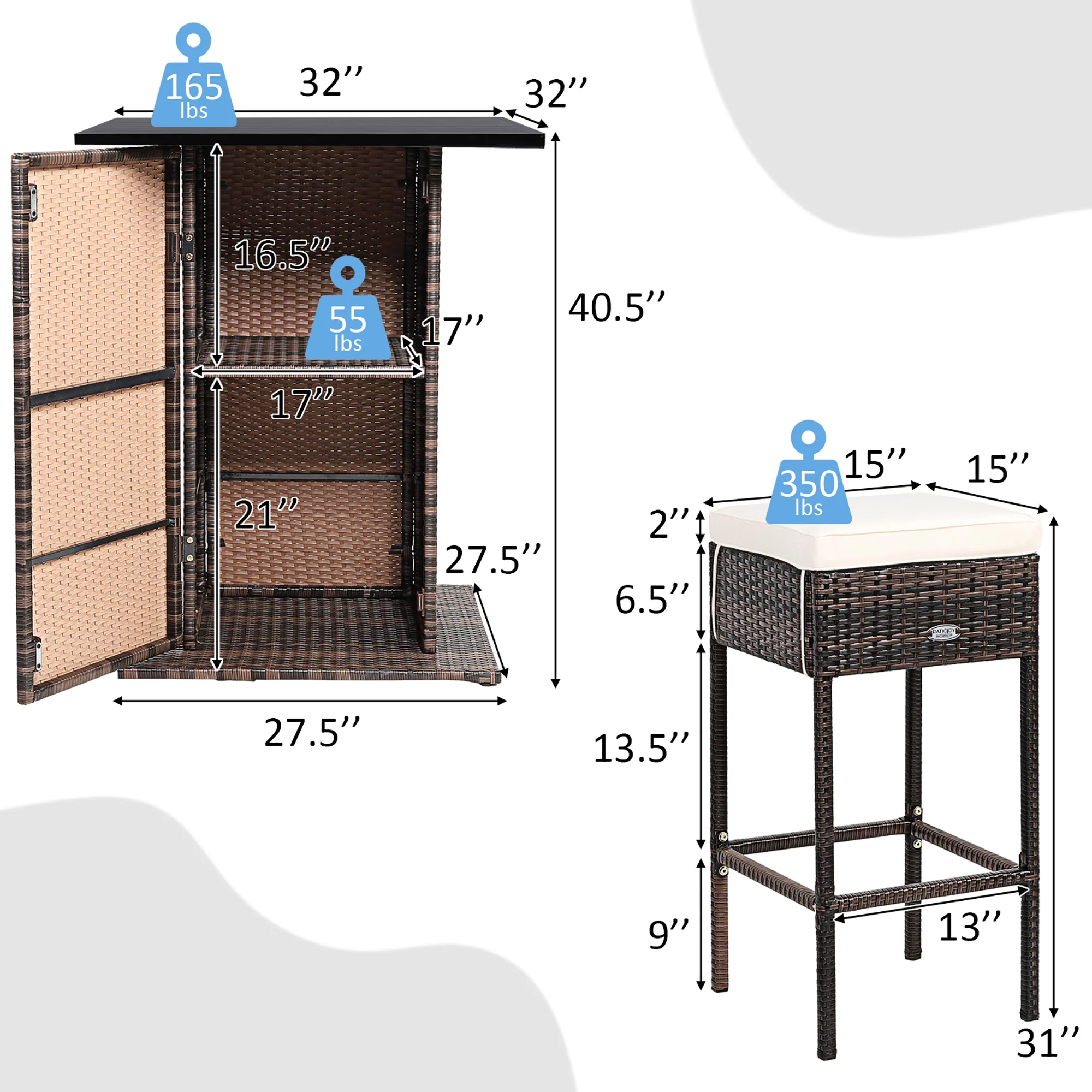 Costway 5PCS Patio Rattan Bar Table Stool Set Hidden Storage Shelf Cushioned