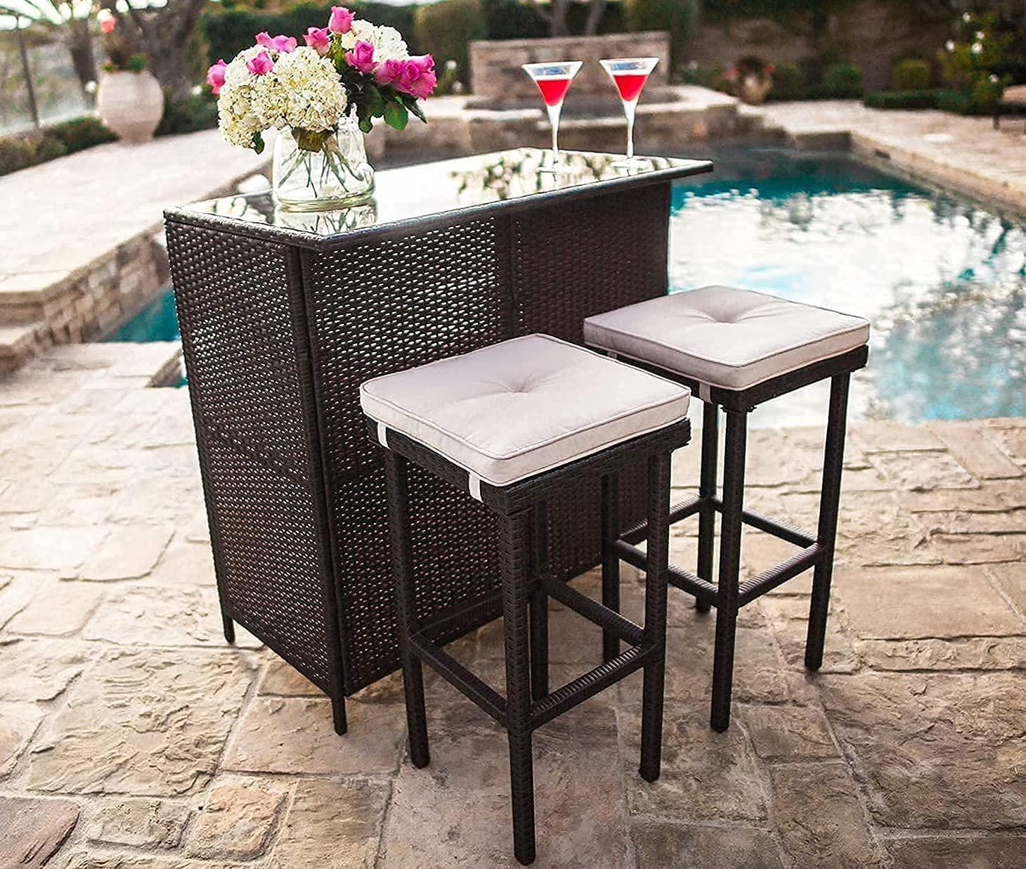 oakmont outdoor bar set 3-piece brown wicker patio furniture - glass bar and two stools with cushions for patios, backyards,