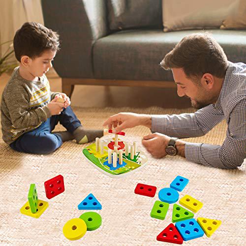 dreampark educational toddler toys for boys girls age 1 2 3 4 and up, wooden shape color recognition preschool stack and sort
