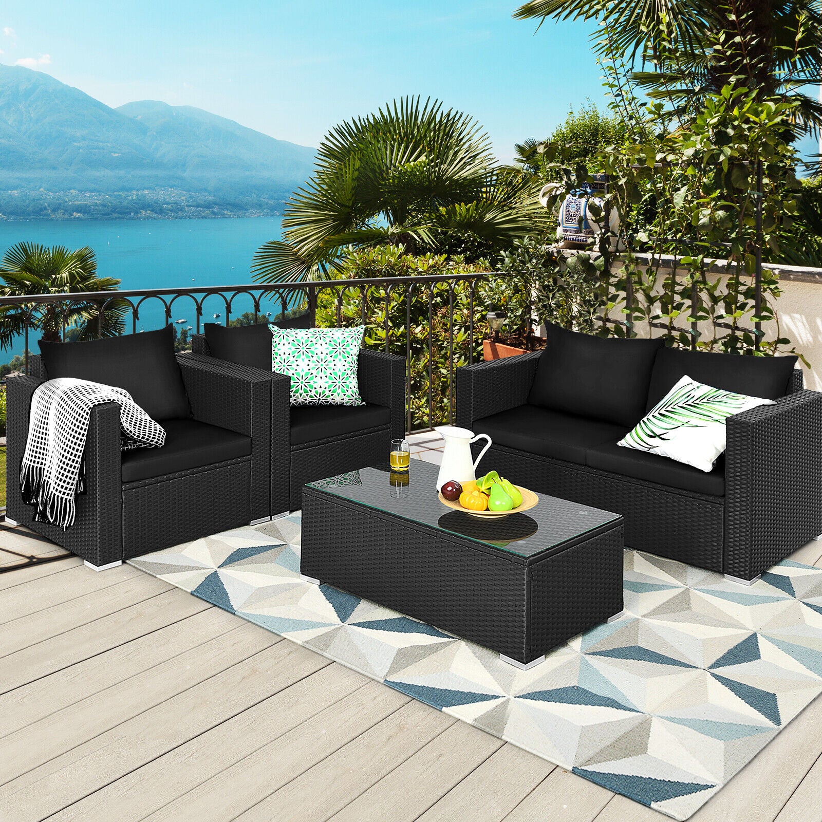 Great Choice Products 8Pcs Patio Rattan Furniture Set Cushioned Sofa Chair Coffee Table Black