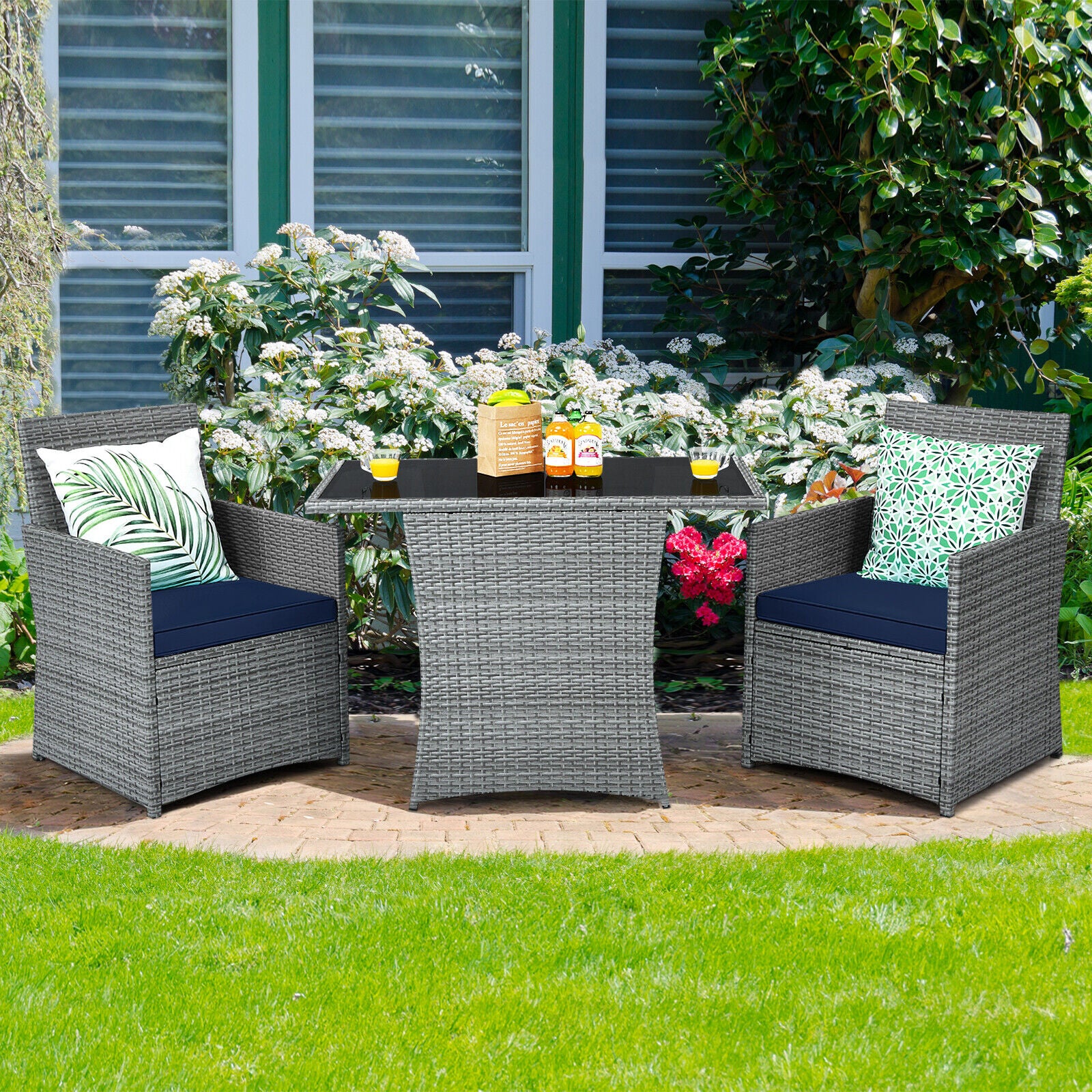 Great Choice Products Patio 3Pcs Rattan Furniture Set Cushioned Sofa Armrest Garden Navy