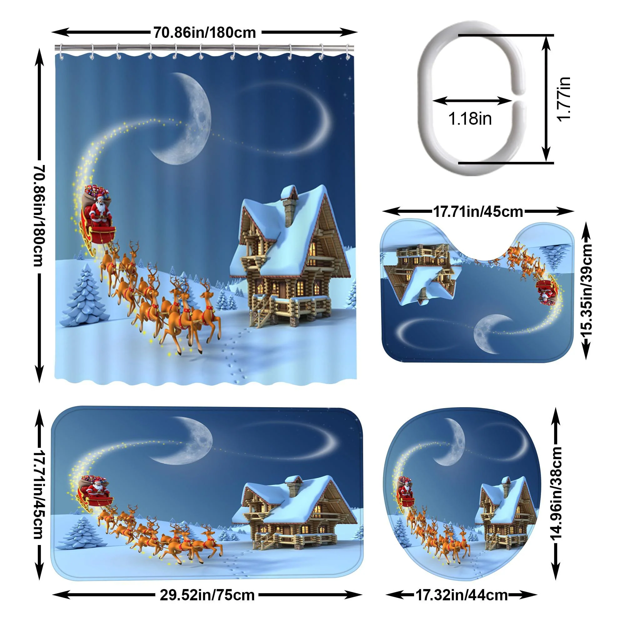 hadint christmas shower curtain set, santa claus and elk coming by the wind with gifts on snowy night, waterproof xmas decor shower