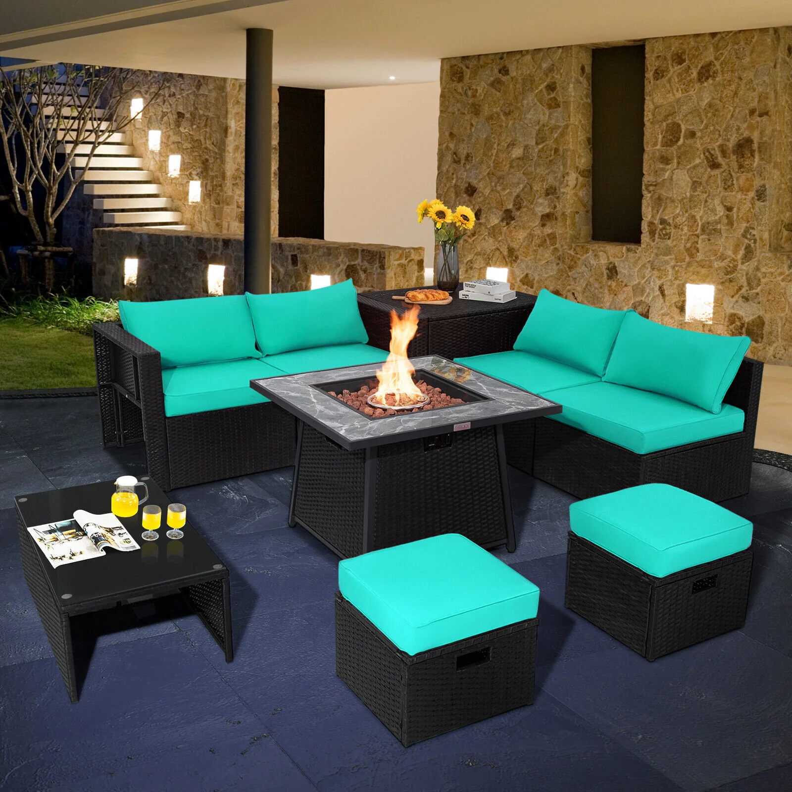 Great Choice Products 9Pcs Patio Wicker Furniture Set Fire Pit Space-Saving Storage W/Cover Turquoise