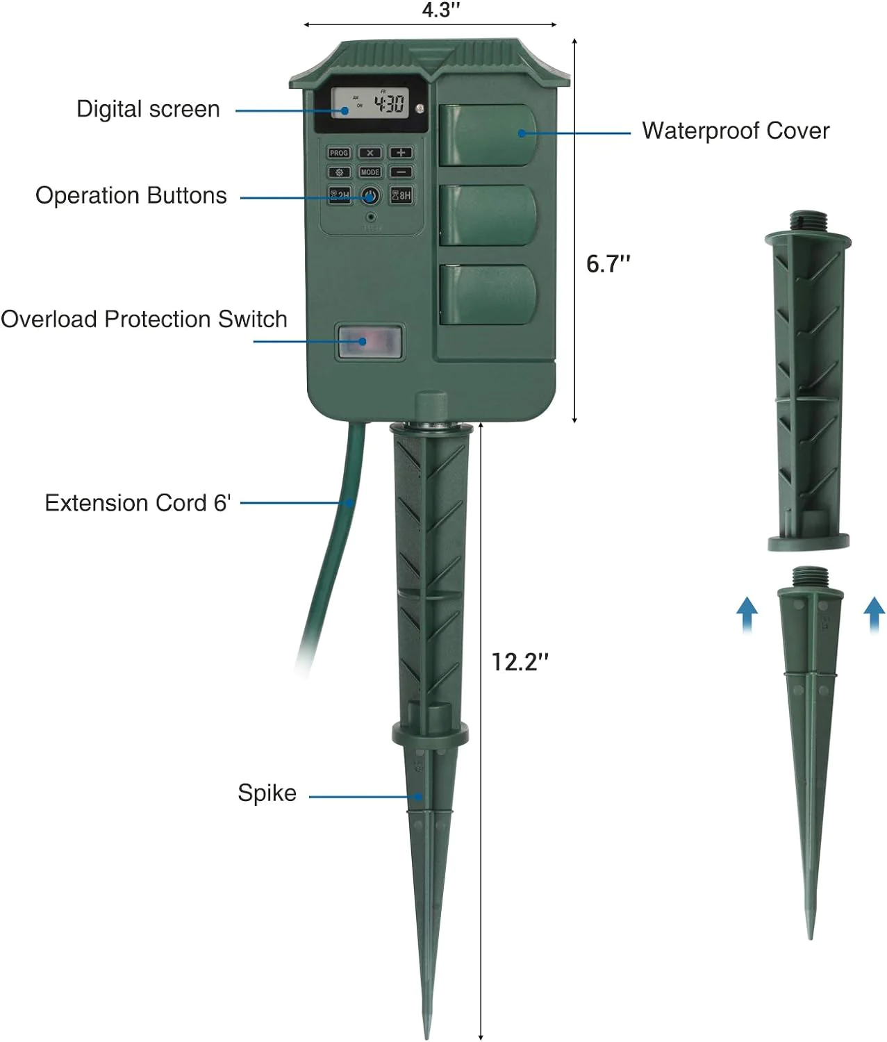 Dewenwils Outdoor Digital Power Stake Timer, Weatherproof Power Strip, 6 ft Extension Cord with 6 Waterproof Grounded Outlets for Garden,