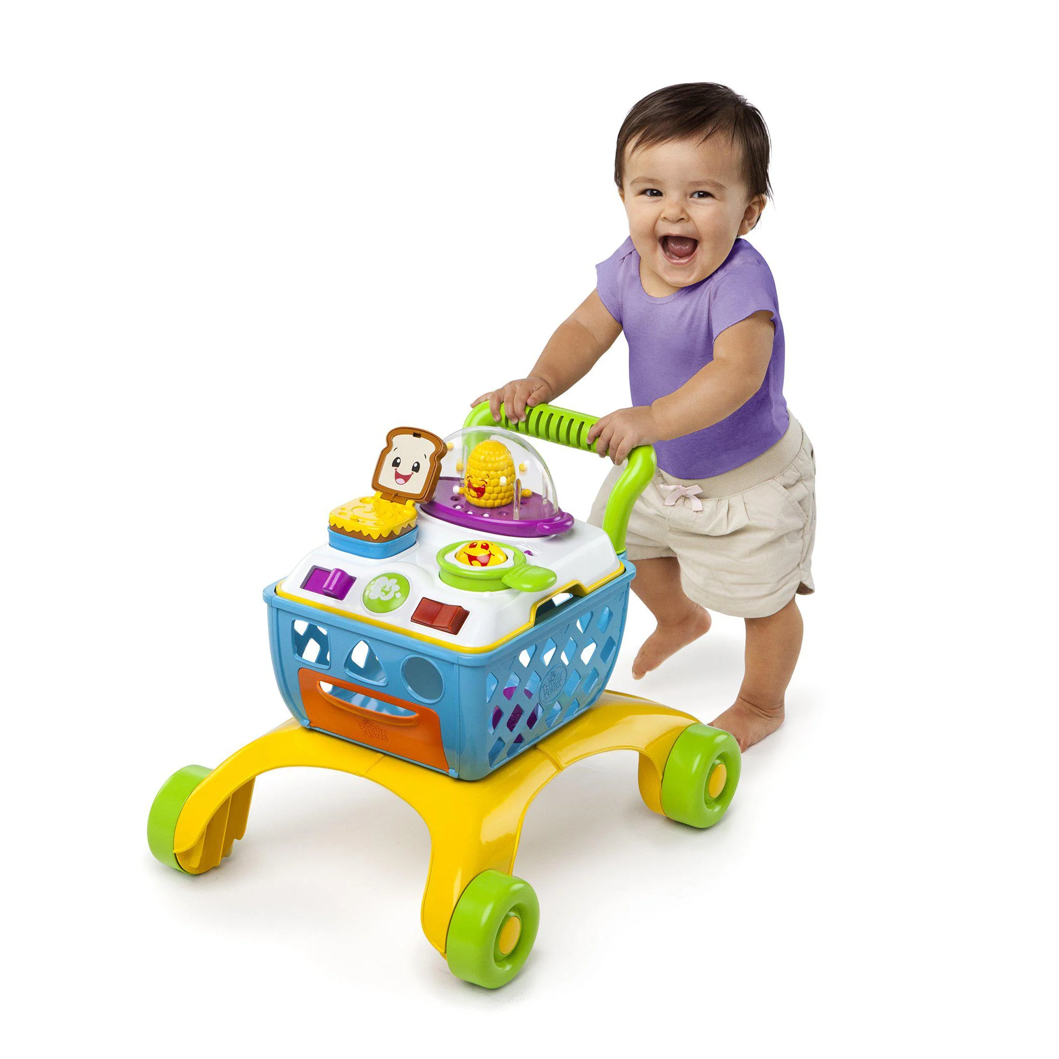 bright starts giggling gourmet 4-in-1 shop n cook walker shopping cart push-toy, ages 6 months +