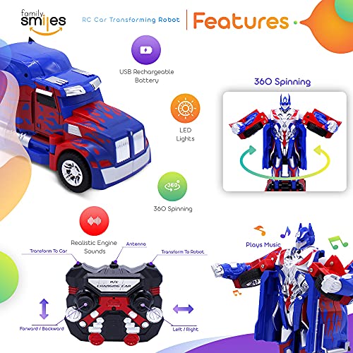 Family Smiles Kids Truck RC Toy Transforming Robot Remote Control Car Vehicle Toys for Boys 8 - 12 Blue