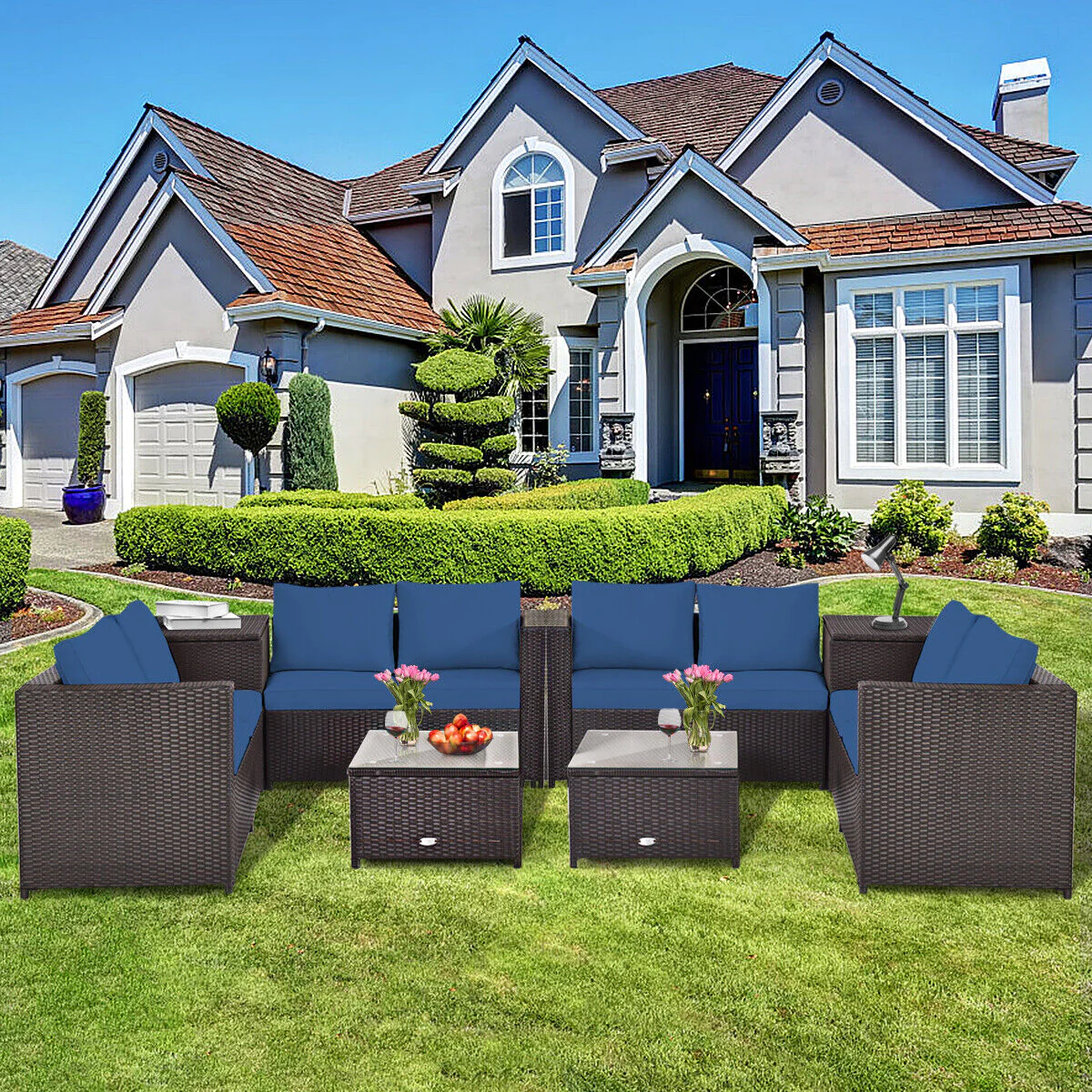 Great Choice Products 8Pcs Outdoor Patio Rattan Furniture Set Cushioned Loveseat Storage Table Navy