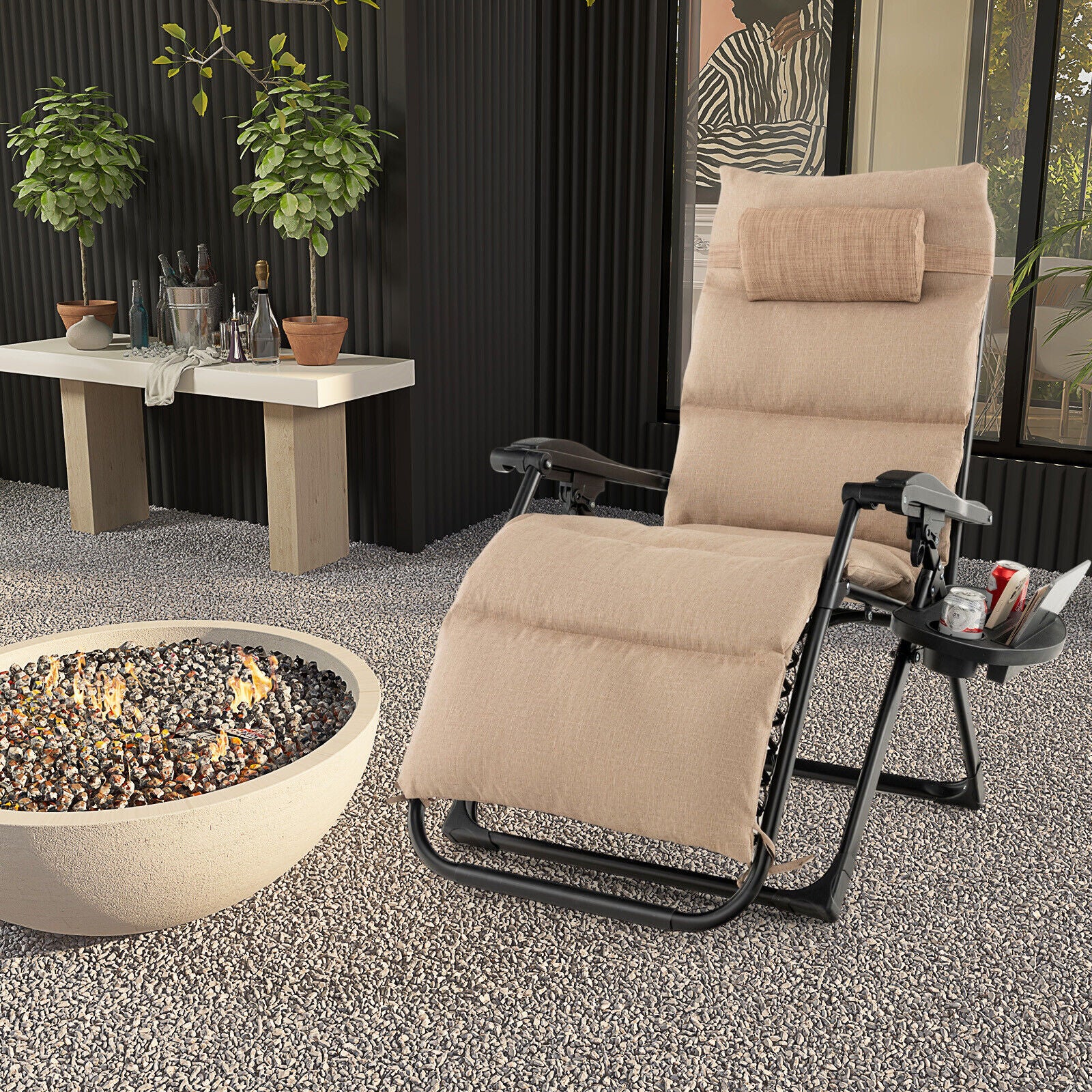 Great Choice Products Patio Zero Gravity Lounge Chair Cushion Tray Folding Outdoor Recliner Beige