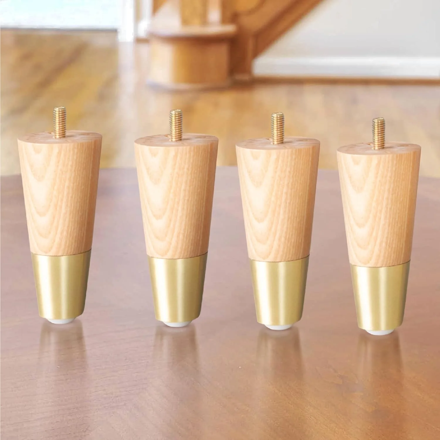 Airy Abode Ash Wood Furniture Legs with Gold Caps - Mid Century Legs for Sofa, Chair, Table, Dresser, Bed, Cabinet, Ottoman - Wooden Legs