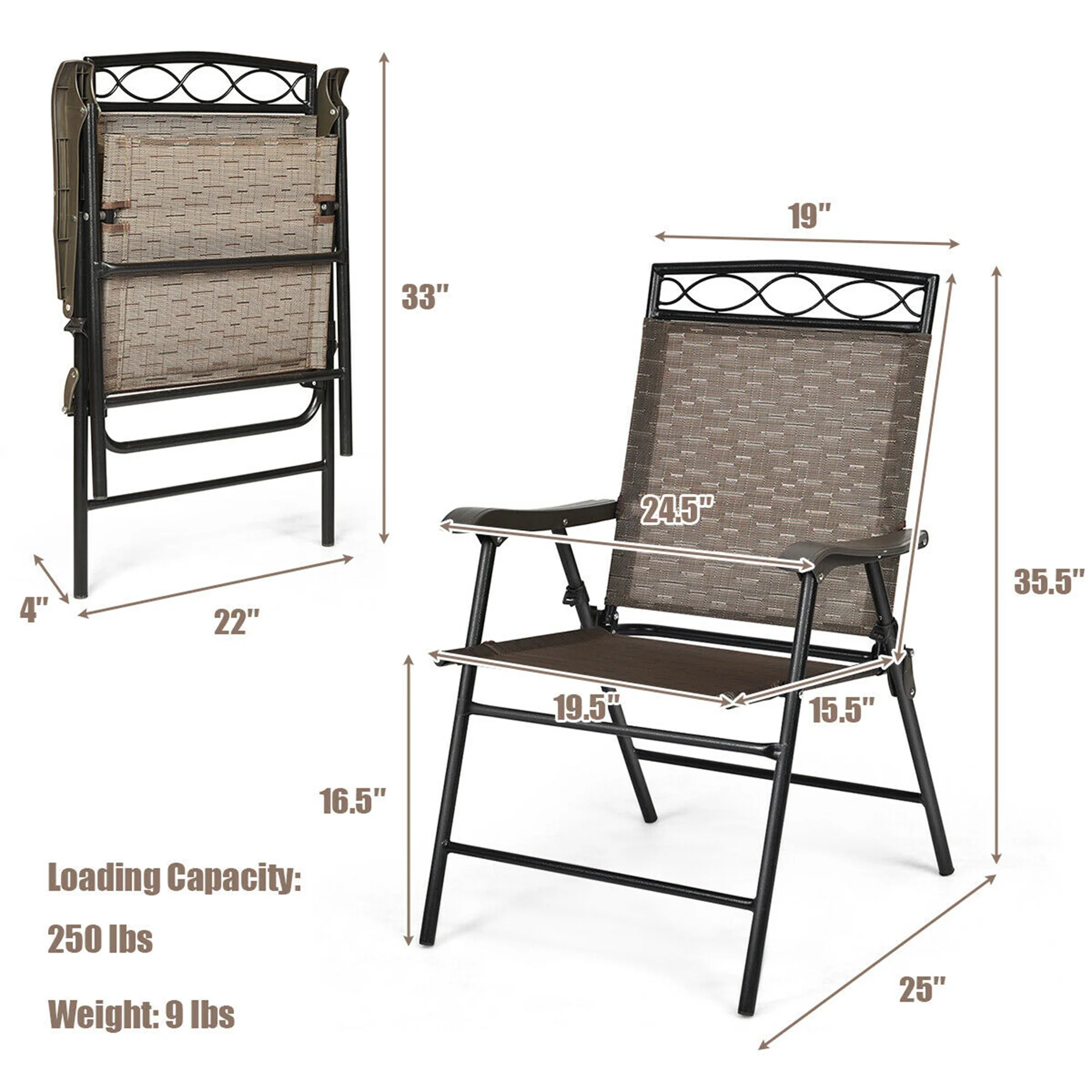 Costway 2PCS Folding Chairs Patio Garden Outdoor w/ Steel Frame Armrest Footrest