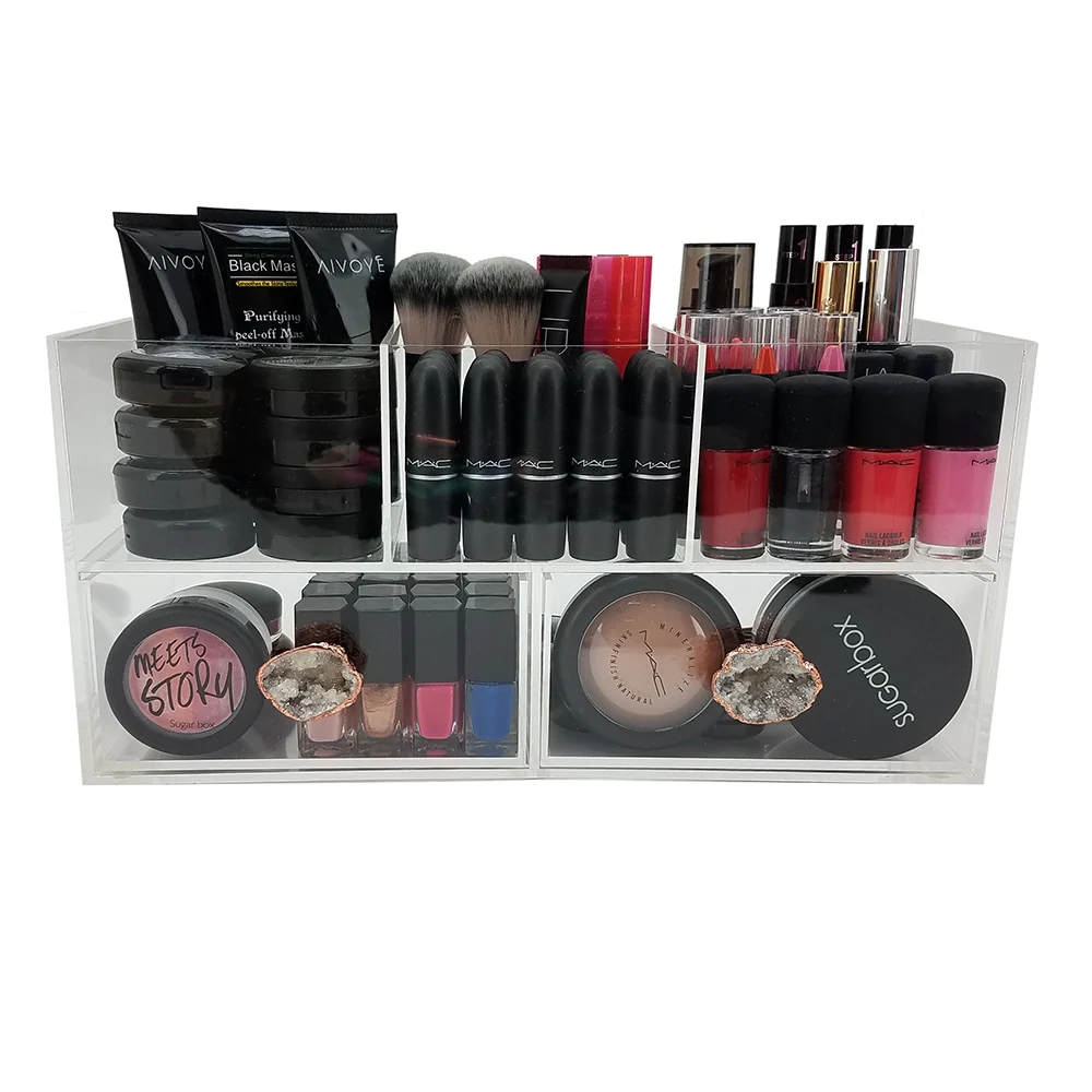 OnDisplay Andrea Deluxe Acrylic Cosmetic/Jewelry Organization Station w/Geode knobs - White/Rose Gold