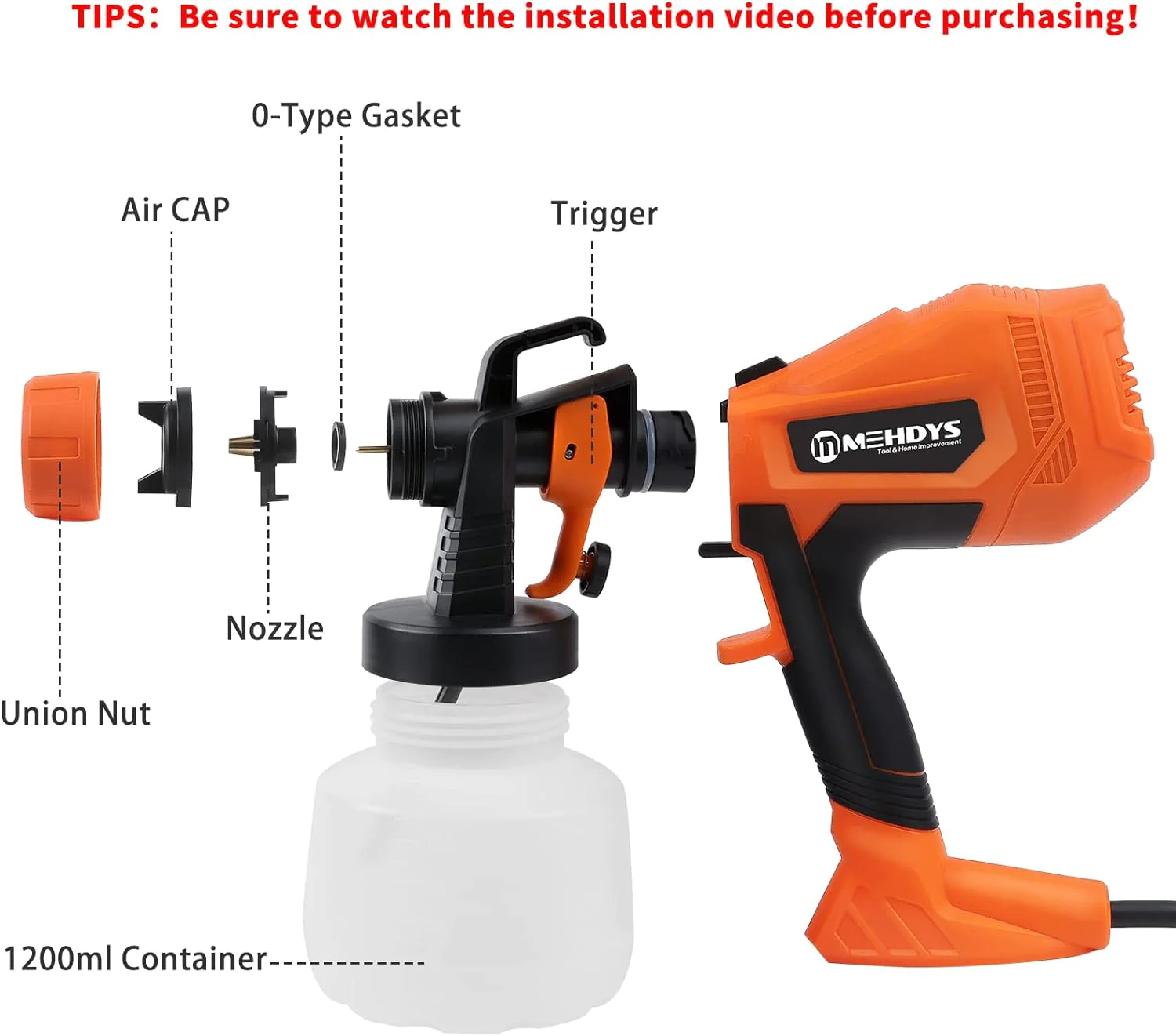 MEHDYS HVLP Paint Sprayer, Electric Powerful 800W Orange Paint Spray Gun for Outdoor Home House Painting Furniture Fence Walls Cabinet