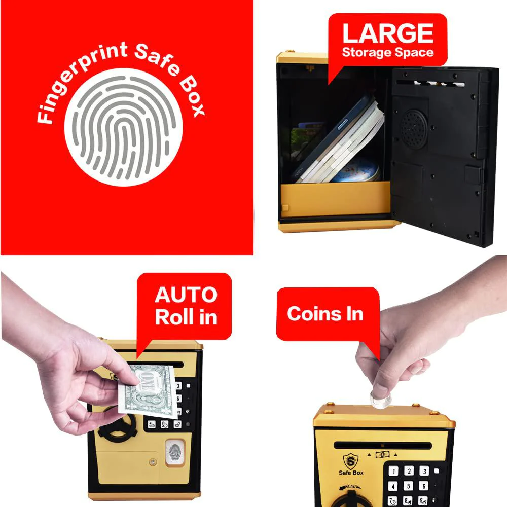 like toy piggy bank safe box fingerprint atm bank atm machine money coin savings bank for kids (golden)