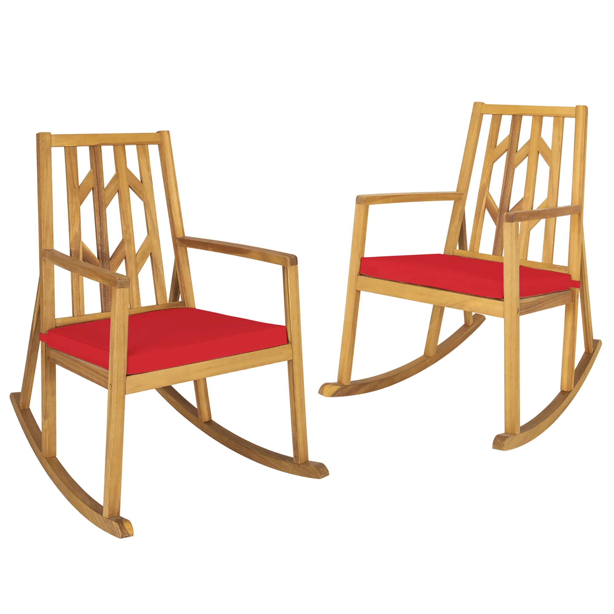 Costway 2 PCS Patio Rocking Chair Acacia Wood Armrest Cushioned Sofa Garden Deck White\Red\Turquoise