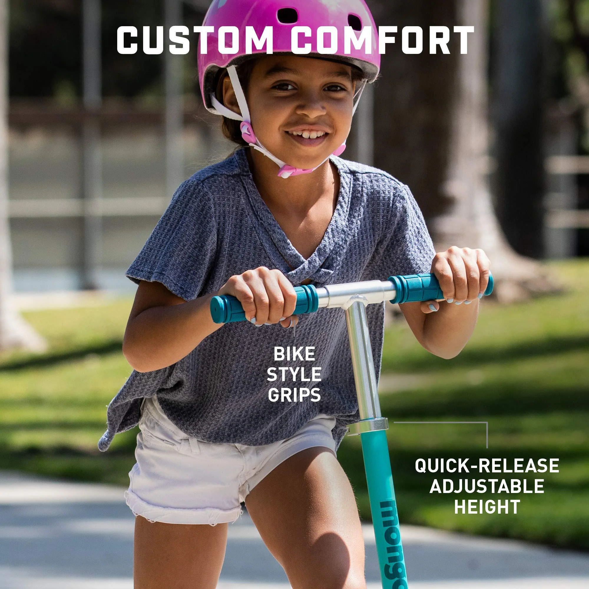 mongoose trace youth/adult kick scooter folding and non-folding design, regular, lighted, and air filled wheels, teal, 120mm