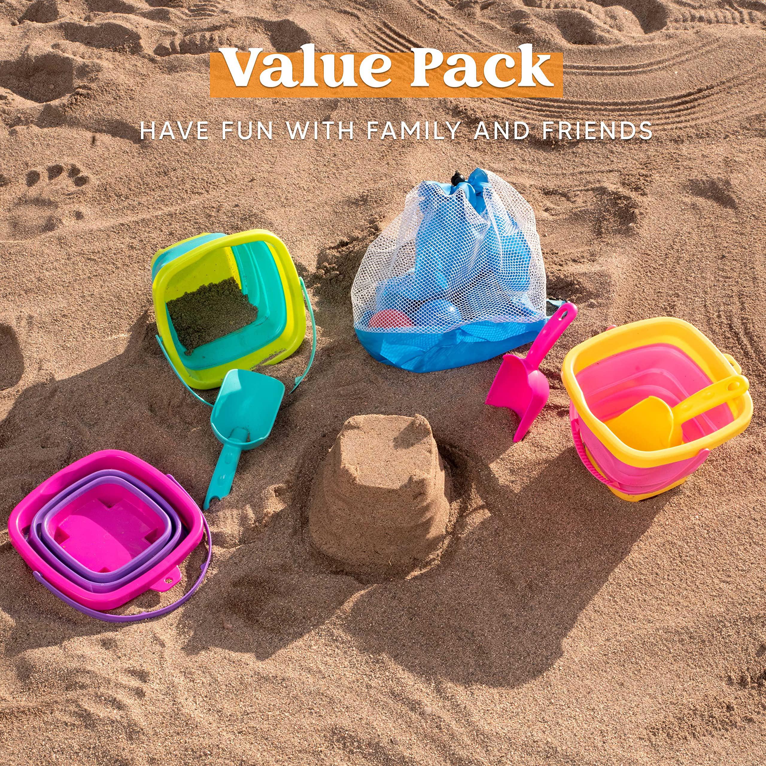 sloosh 3 packs foldable bucket - collapsible bucket with sand shovels and mesh backpack for kids toddlers beach toys, easter