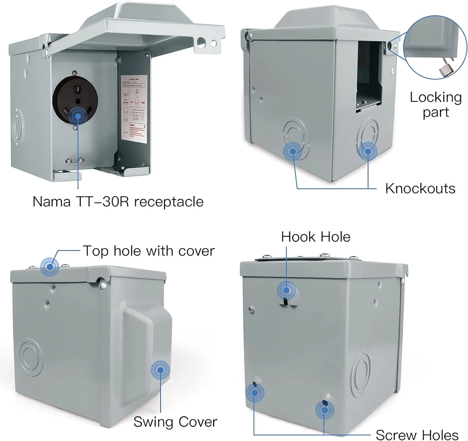 ExcelFu 30 Amp 125 Volt RV Power Outlet Box, Enclosed Lockable Weatherproof NEMA TT-30R Outdoor Electrical Receptacle Panel, 30 Amp RV