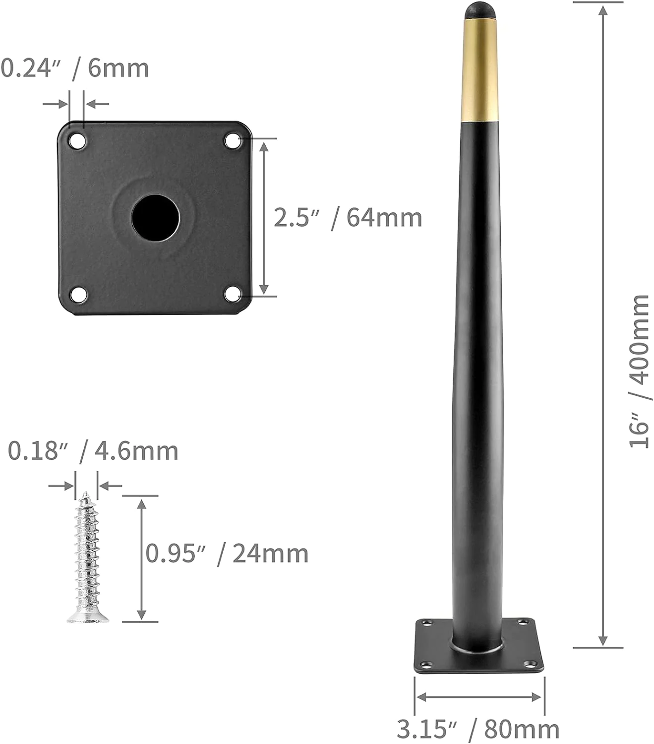 Seimneire 4pcs 16 Inch Furniture Legs, Straight Conical Metal Legs Matte Black Gold Mid-Century Style Furniture Feet for Sofa Cabinet Tab