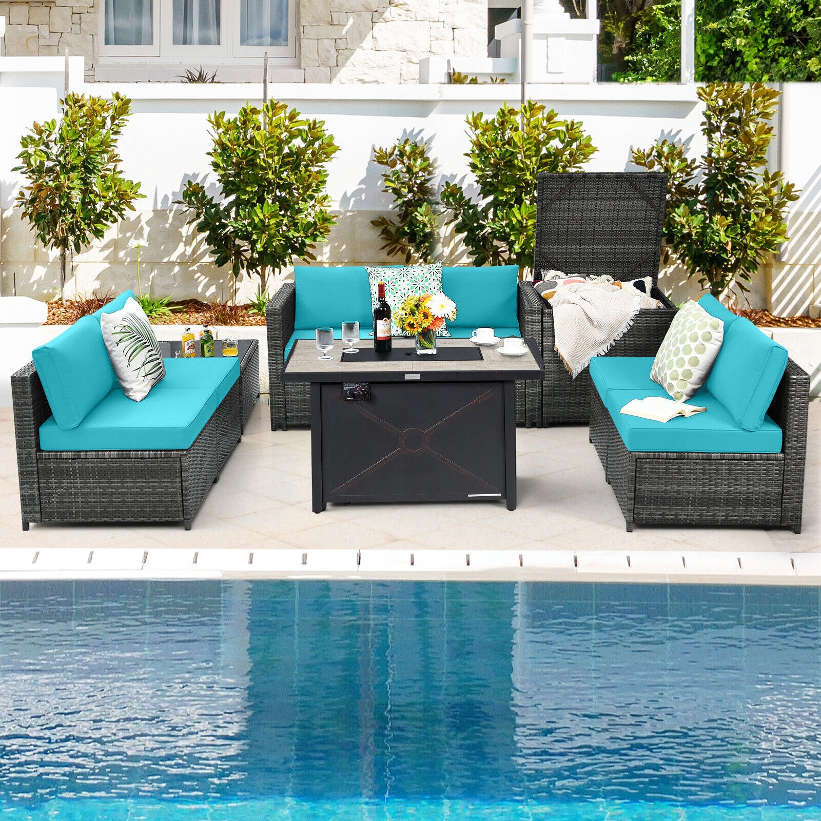 Great Choice Products 9 Pcs Patio Rattan Furniture Set Fire Pit Table Storage Cover Turquoise