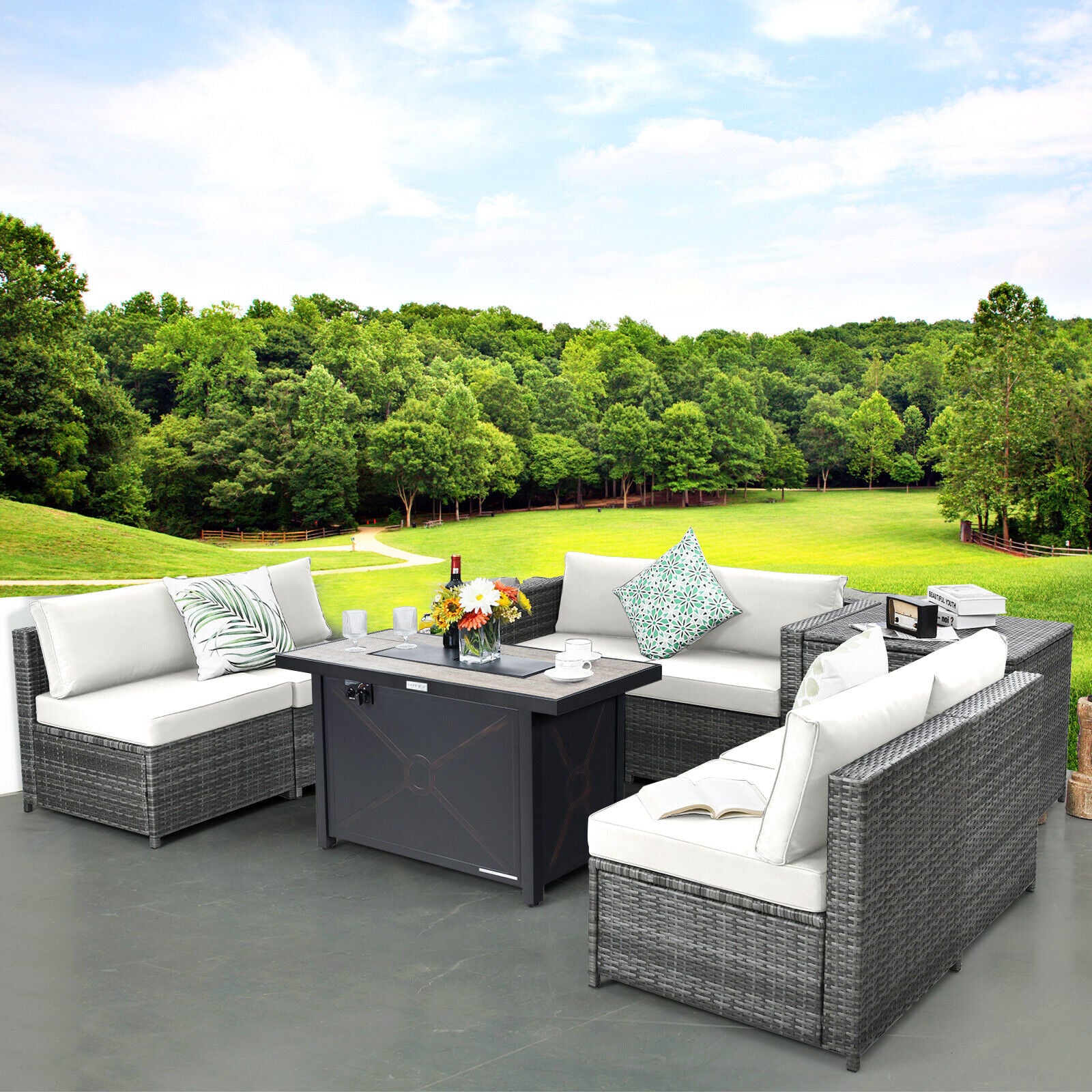 Great Choice Products 9 Pcs Patio Rattan Furniture Set Fire Pit Table Storage Cover Off White