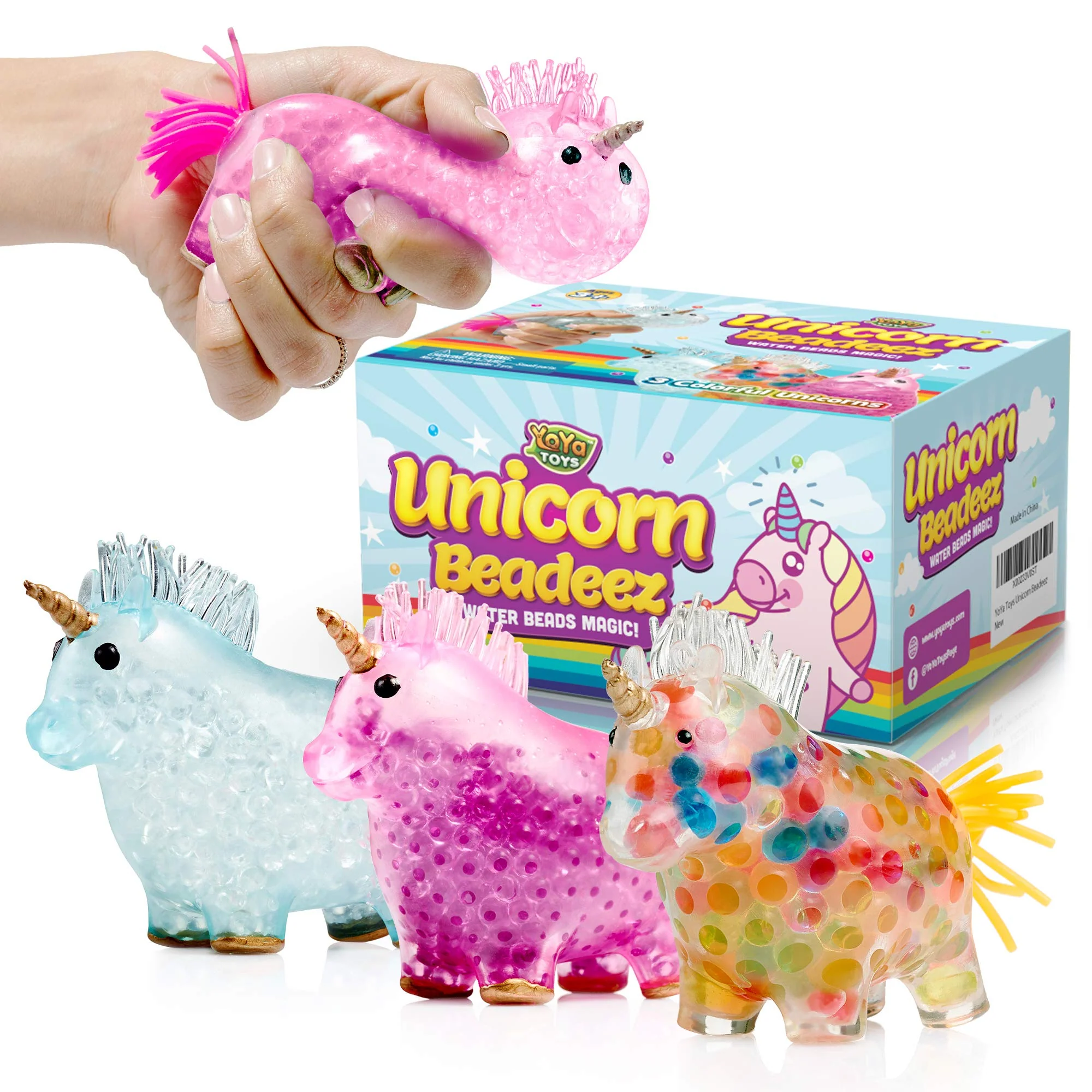 YoYa Toys Beadeez Unicorn Squishy Stress Balls Toy (3-Pack) for Girls, Boys, or Adults - Colorful, Gel Water Beads Balls Inside