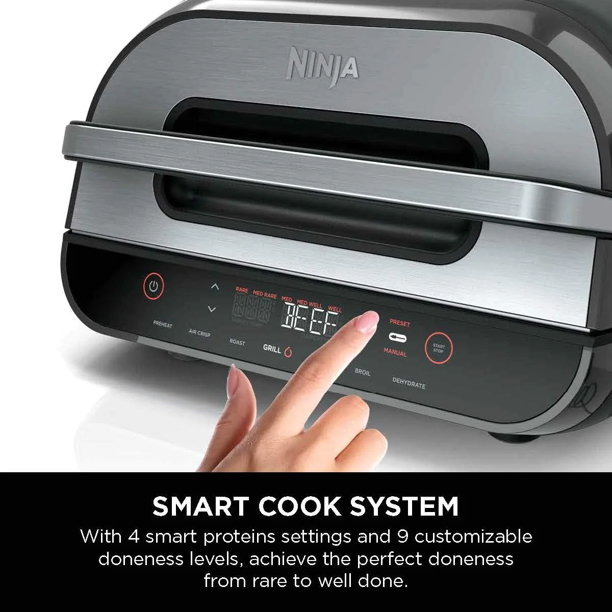 Ninja FG551 Foodi Smart XL 6-in-1 Indoor Grill with 4-Quart Air Fryer Roast Bake Dehydrate Broil and Leave-in Thermometer, with Extra
