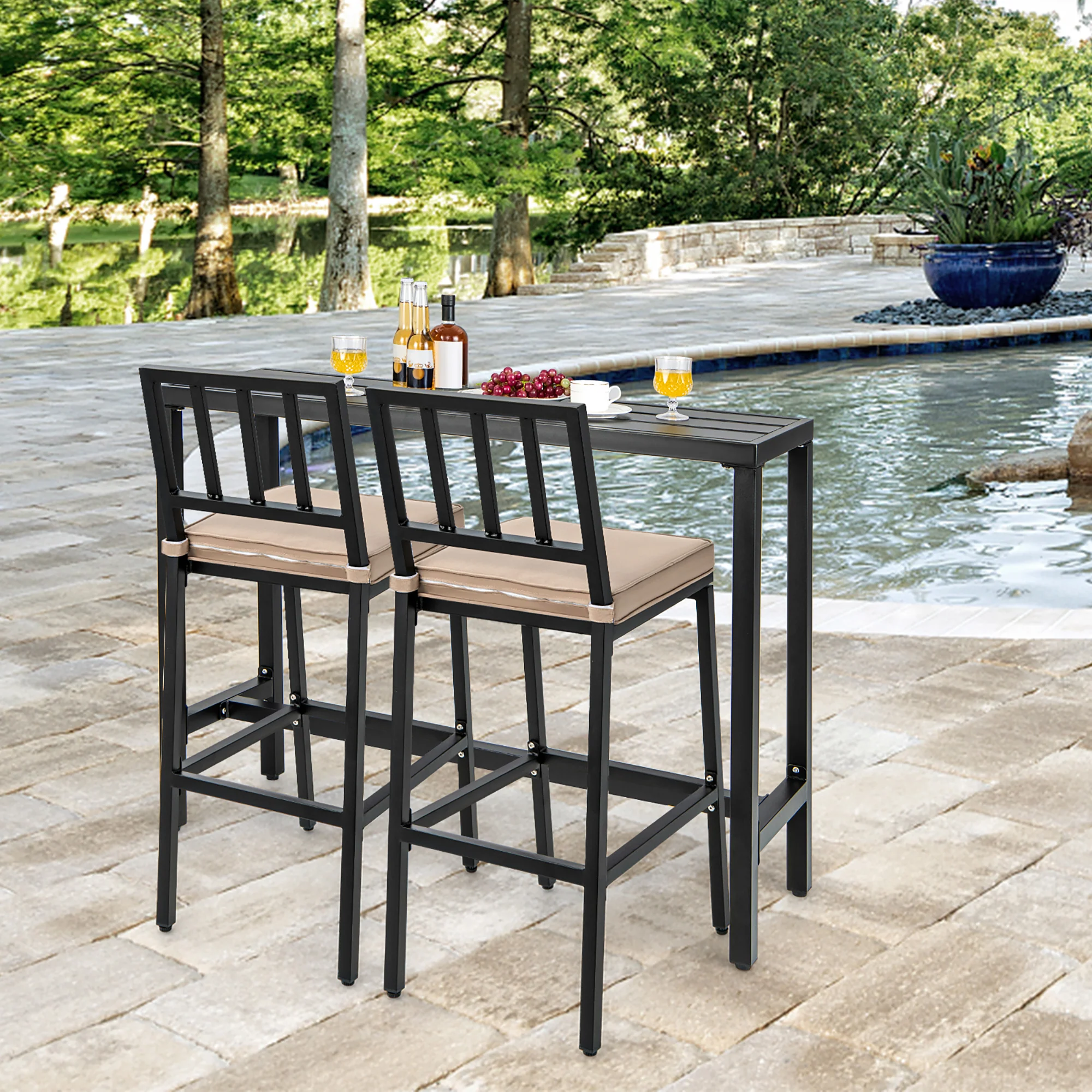 Costway 3PCS Outdoor Metal Bar Table &a; Chairs Set Patio Dining Table Set with Cushion