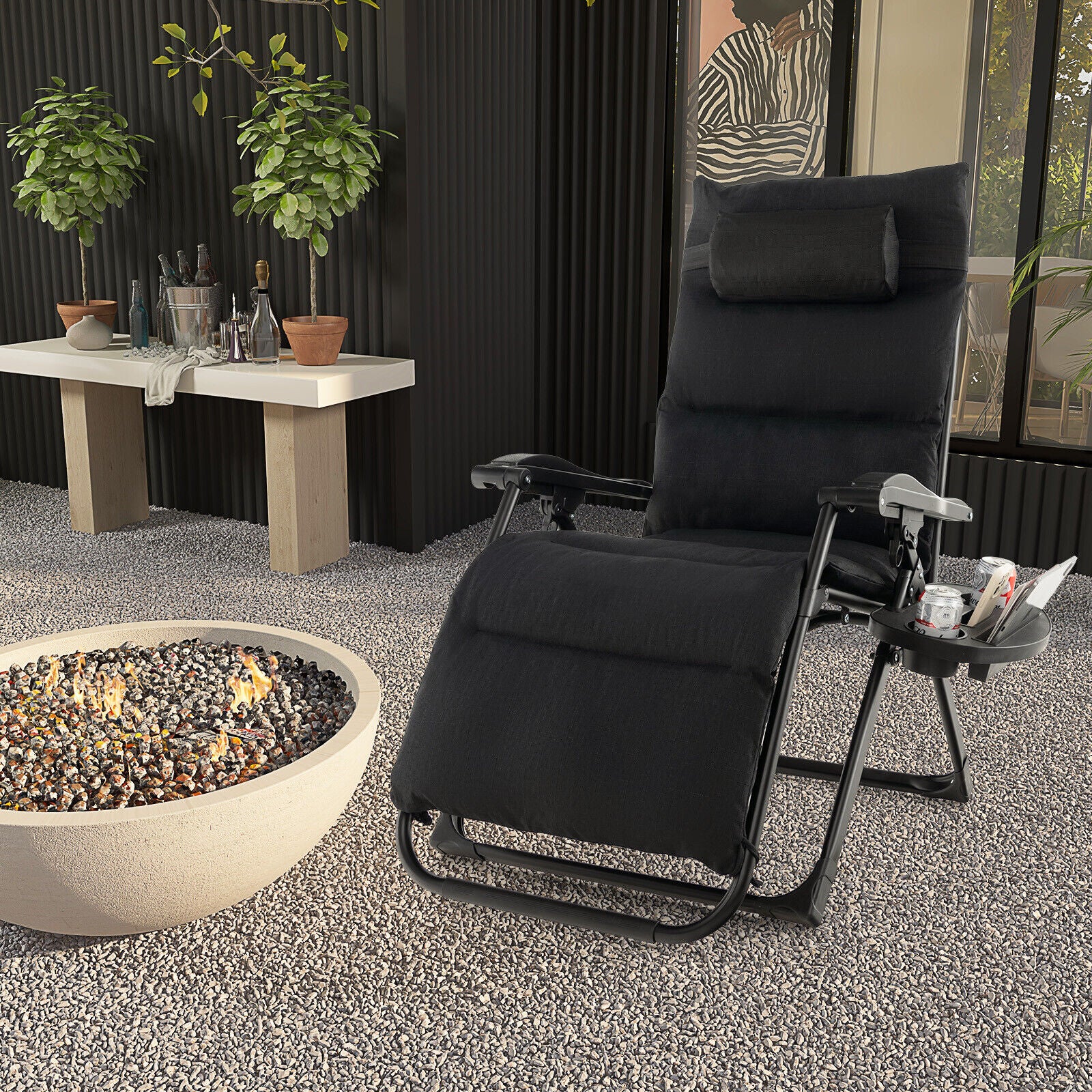 Great Choice Products 2Pcs Patio Zero Gravity Lounge Chair Cushion Tray Folding Outdoor Recliner Black