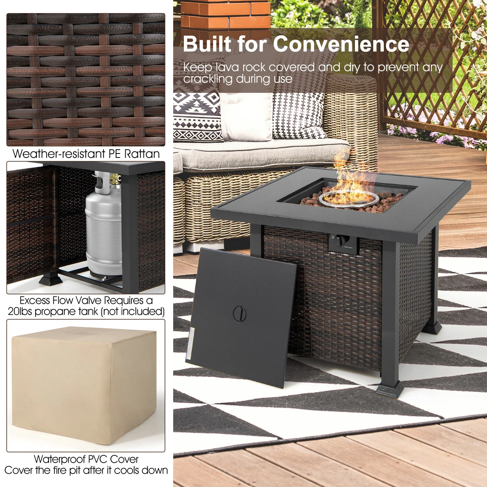 Great Choice Products 7Pcs Patio Rattan Furniture Set Fire Pit Table Cover Glass Top Cushion Turquoise