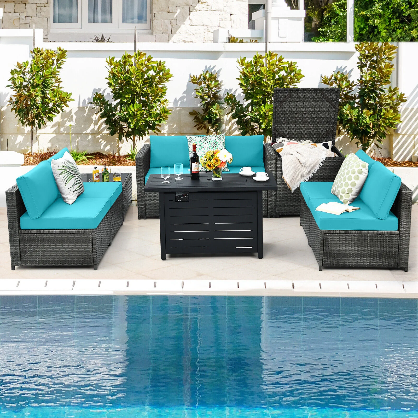 Great Choice Products 9Pcs Rattan Furniture Wicker Sofa Set W/ 60,000 Btu Heater Propane Gas Fire Pit