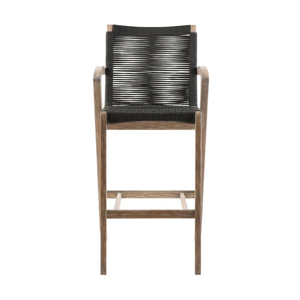 Armen Living Nabila Outdoor Light Eucalyptus Wood and Charcoal Rope, Counter and Bar Height Stool