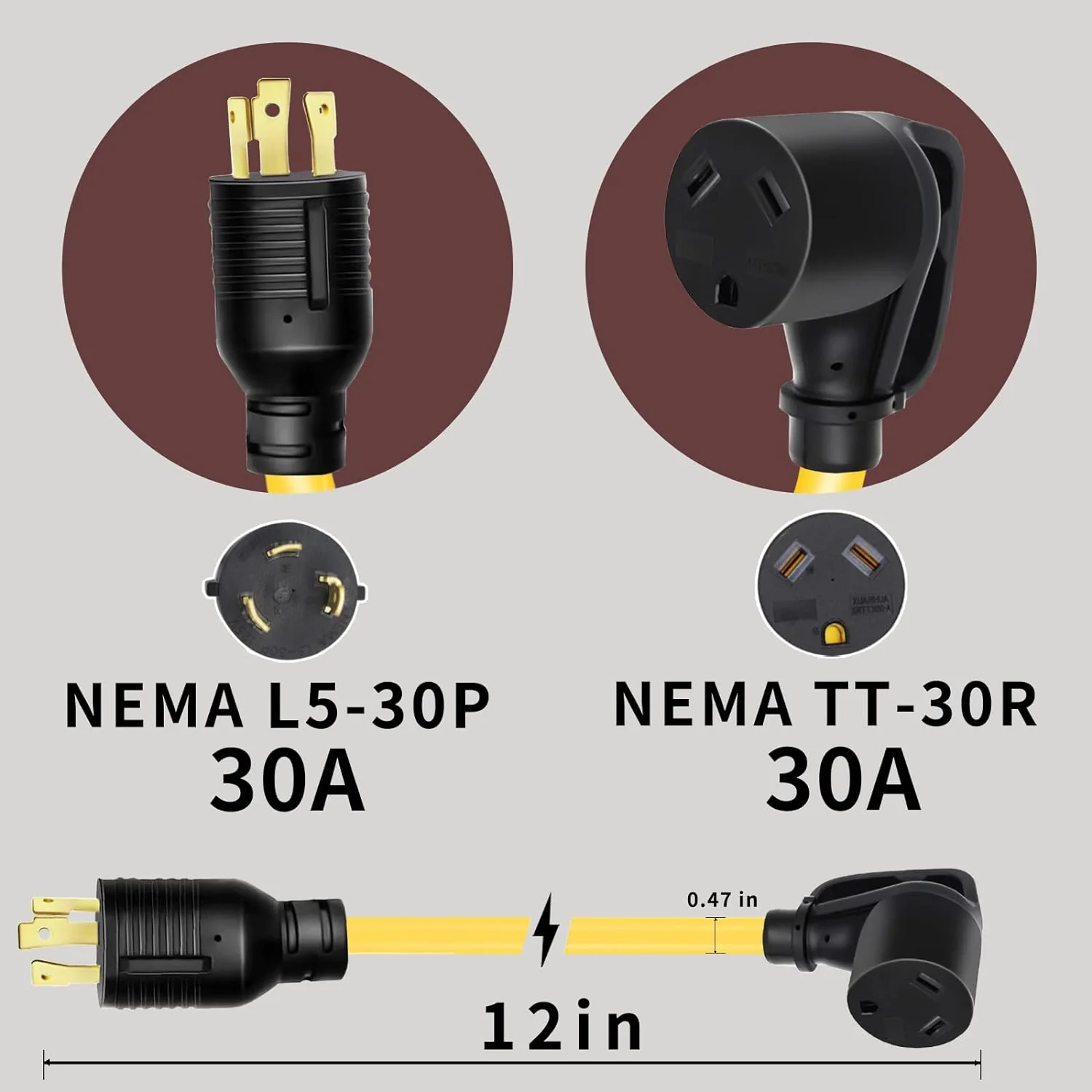 M1A2 3 Prong 30 Amp Twist Lock Adapter, Generator to RV Adapter Cord with Handle, L5-30P Twist Lock Male to TT-30R Female, Heavy Dut