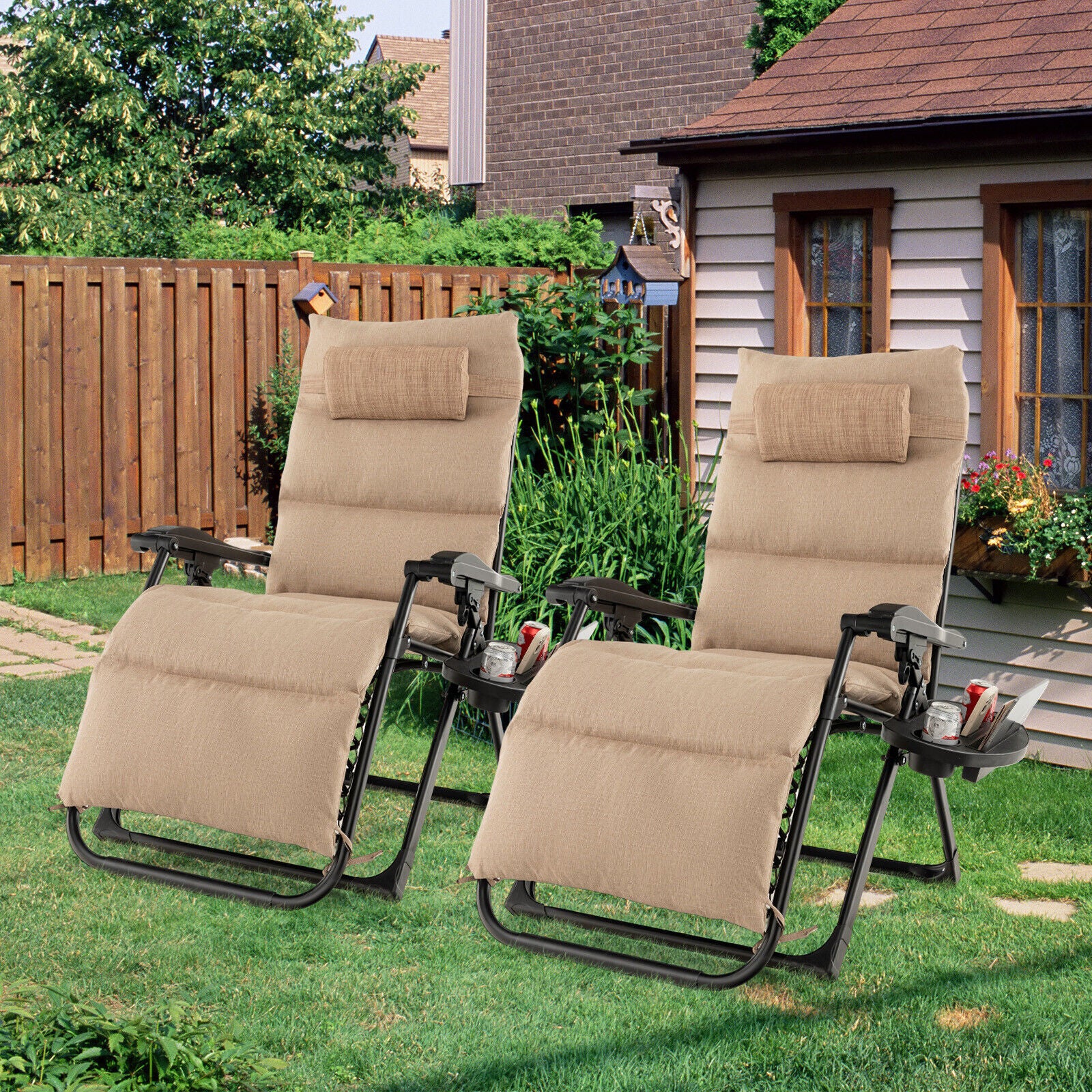 Great Choice Products 2Pcs Patio Zero Gravity Lounge Chair Cushion Tray Folding Outdoor Recliner Beige