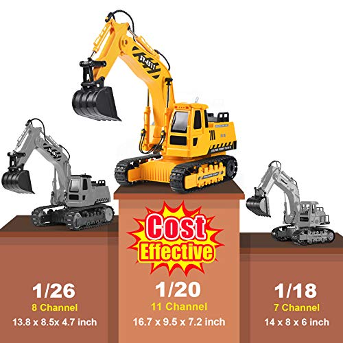 Double E  Remote Control Excavator RC Toy 1:20 RC Excavator Toy 3 Separate Motors Construction Tractor, 11 Channel Rechargeable RC Truck w