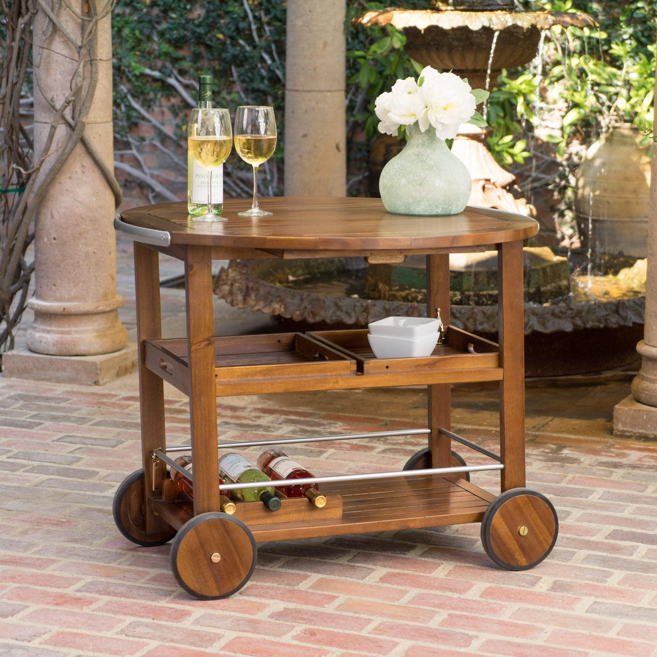 christopher knight home tillary tiller outdoor acacia wood bar cart aluminum accents, dark oak/shiny powder coating